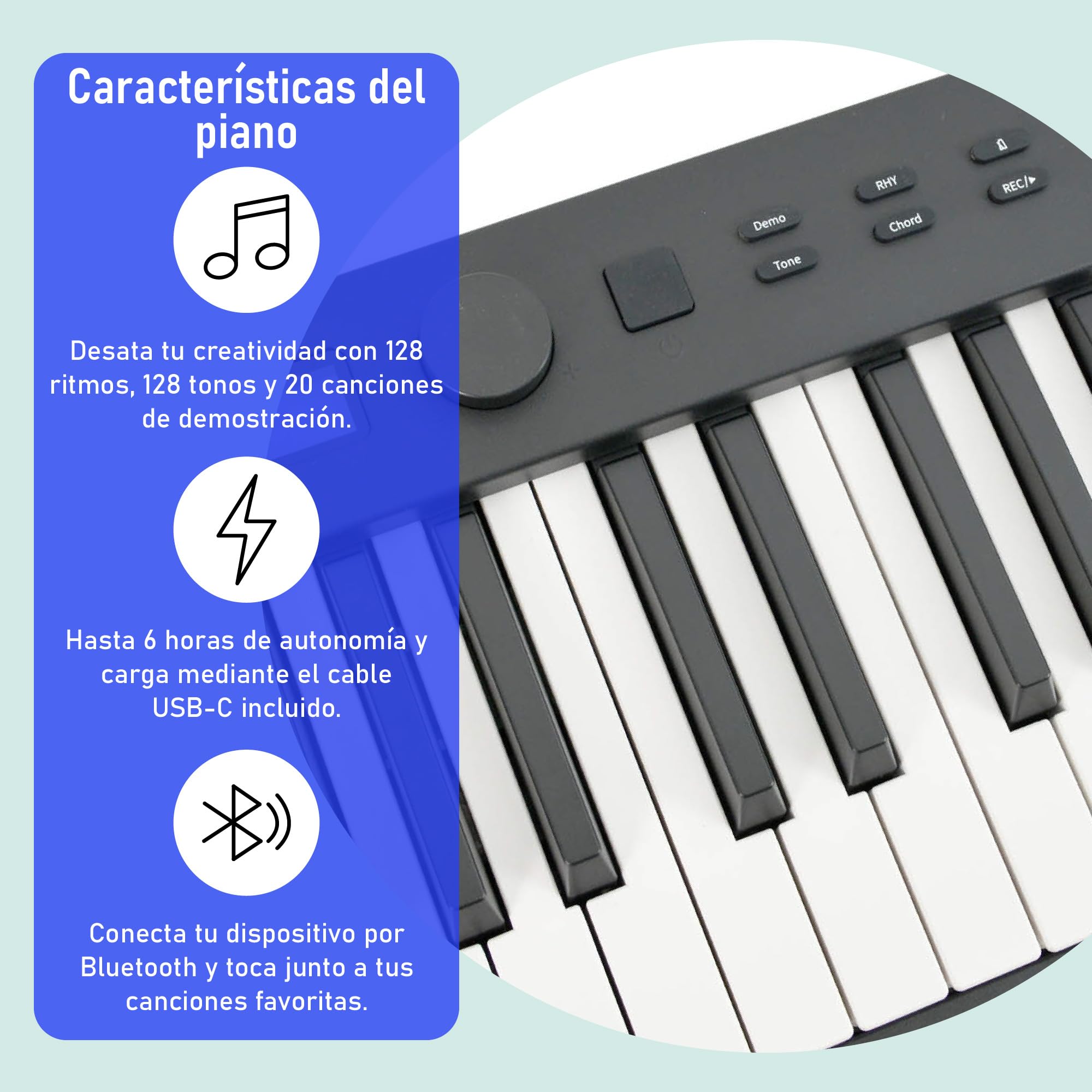 Axus Teclado De Piano Digital Plegable Portátil De 88 Teclas, Teclas Semipesadas De Tamaño Completo, Pedal De Sostenido, Batería Recargable - Negro