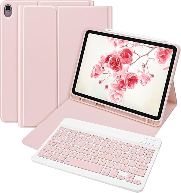 Bettdow Keyboard Case for iPad Air 5th/4th Generation, Detachable Wireless Color Keyboard, Slim Case with Pencil Holder for 10.9 Inch iPad Air 5th Generation 2022/Air 4th Generation 2020, (Pink)