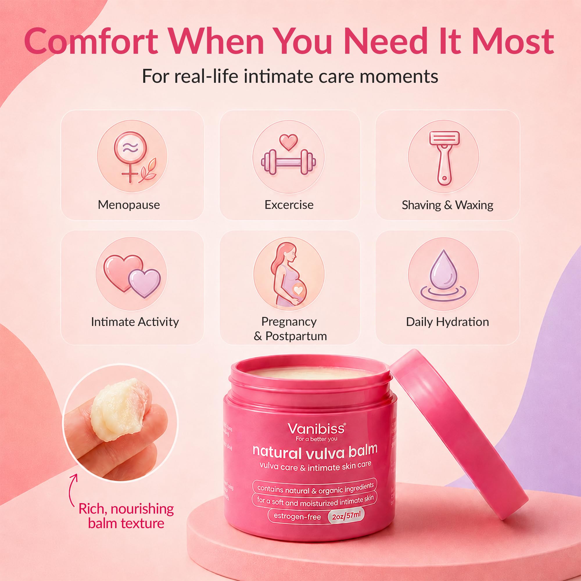 Vanibiss Crema orgánica de bálsamo de vulva, humectante vaginal, cuidado íntimo de la piel, soporte para la menopausia: alivia la sequedad, picazón, olor, irritación: libre de estrógenos (2 onzas)