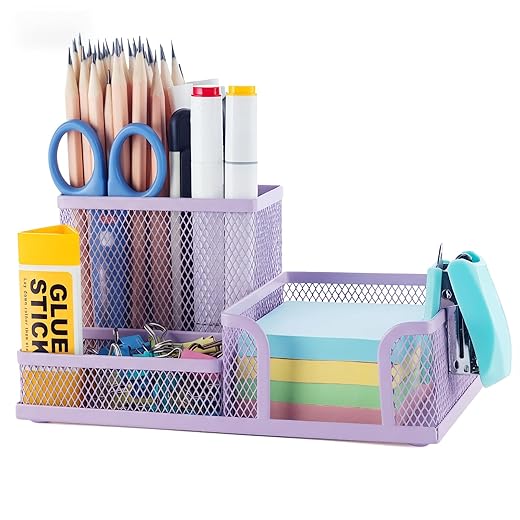M&G Mesh Pen Holder Desk Organizers Pencil Holder for Desk Purple, 3 Compartments Metal Office Supply Organizer with Sticky Notes Holder for Home Office