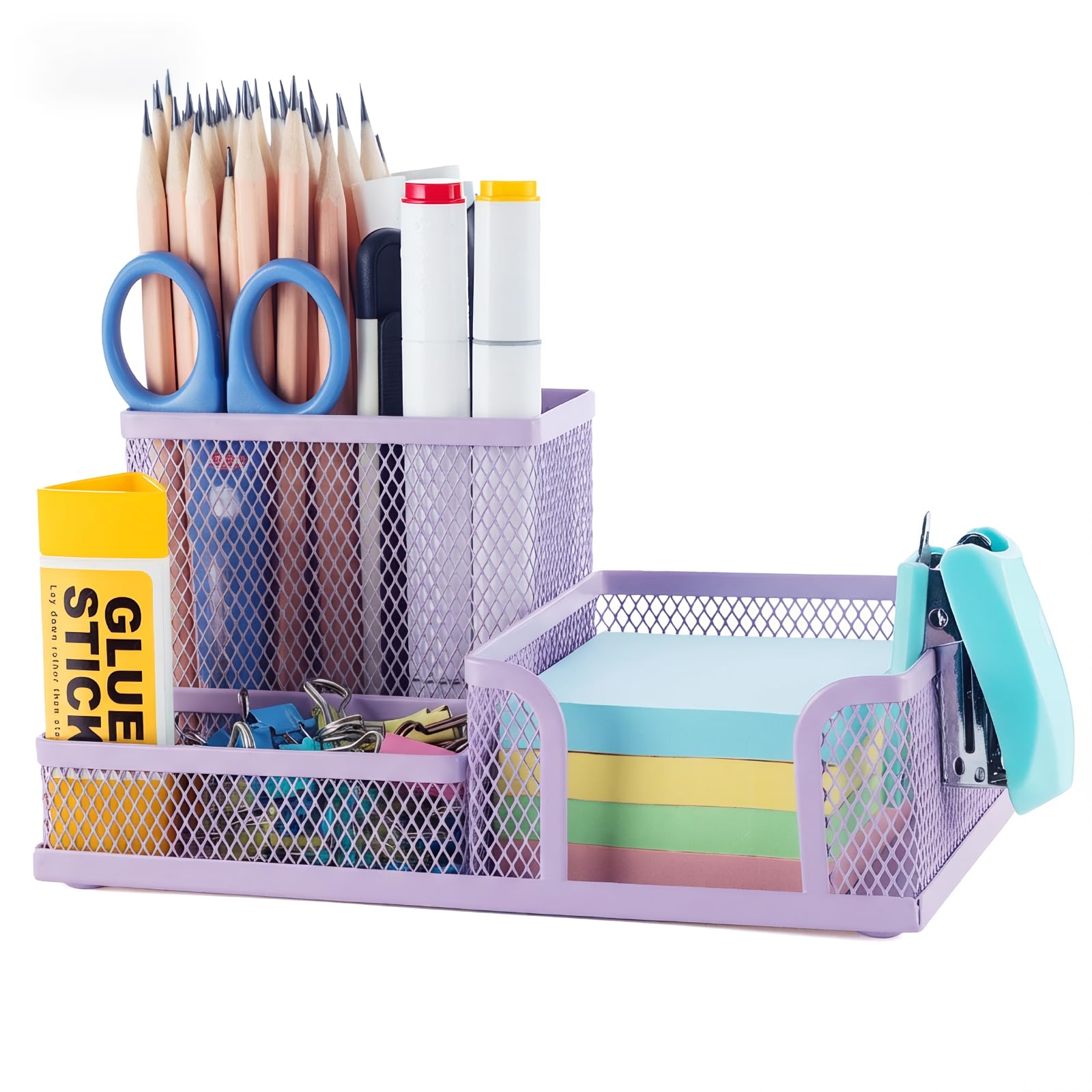 M&amp;G Mesh Pen Holder Desk Organizers Pencil Holder for Desk Purple, 3 Compartments Metal Office Supply Organizer with Sticky Notes Holder for Home Office