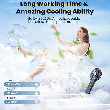 HandFan 5200mAh Portable Handheld Fan Rechargeable - 3 Speeds Foldable Personal Cooling, 2-IN-1 Hand Held Fan Battery Operated, 20H Runtime for Disney/Travel/Summer/Concerts/Women (Black&Blue)