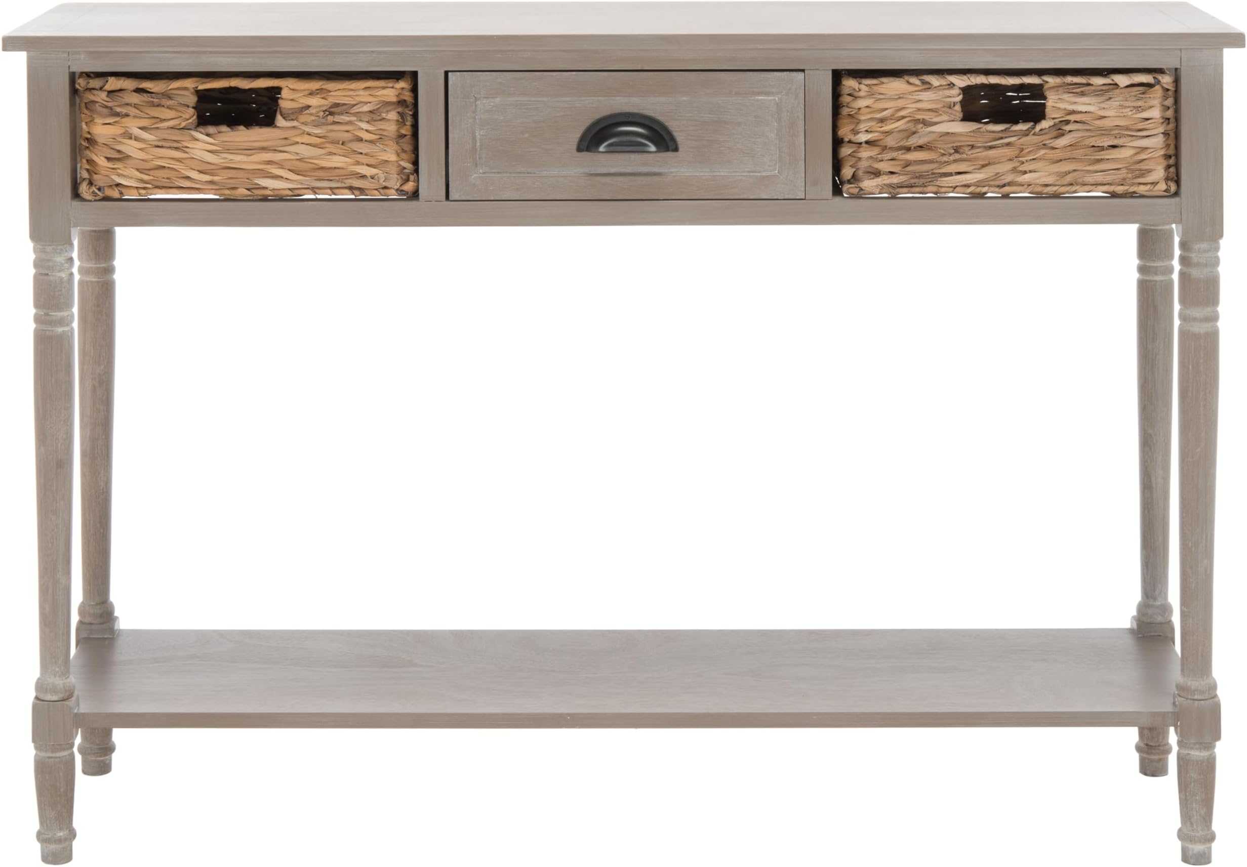 Home Collection – Christa White Wash Console Table with Rattan Drawers & Shelf, Coastal Cottage Storage Console, Vintage Design (AMH5737E)