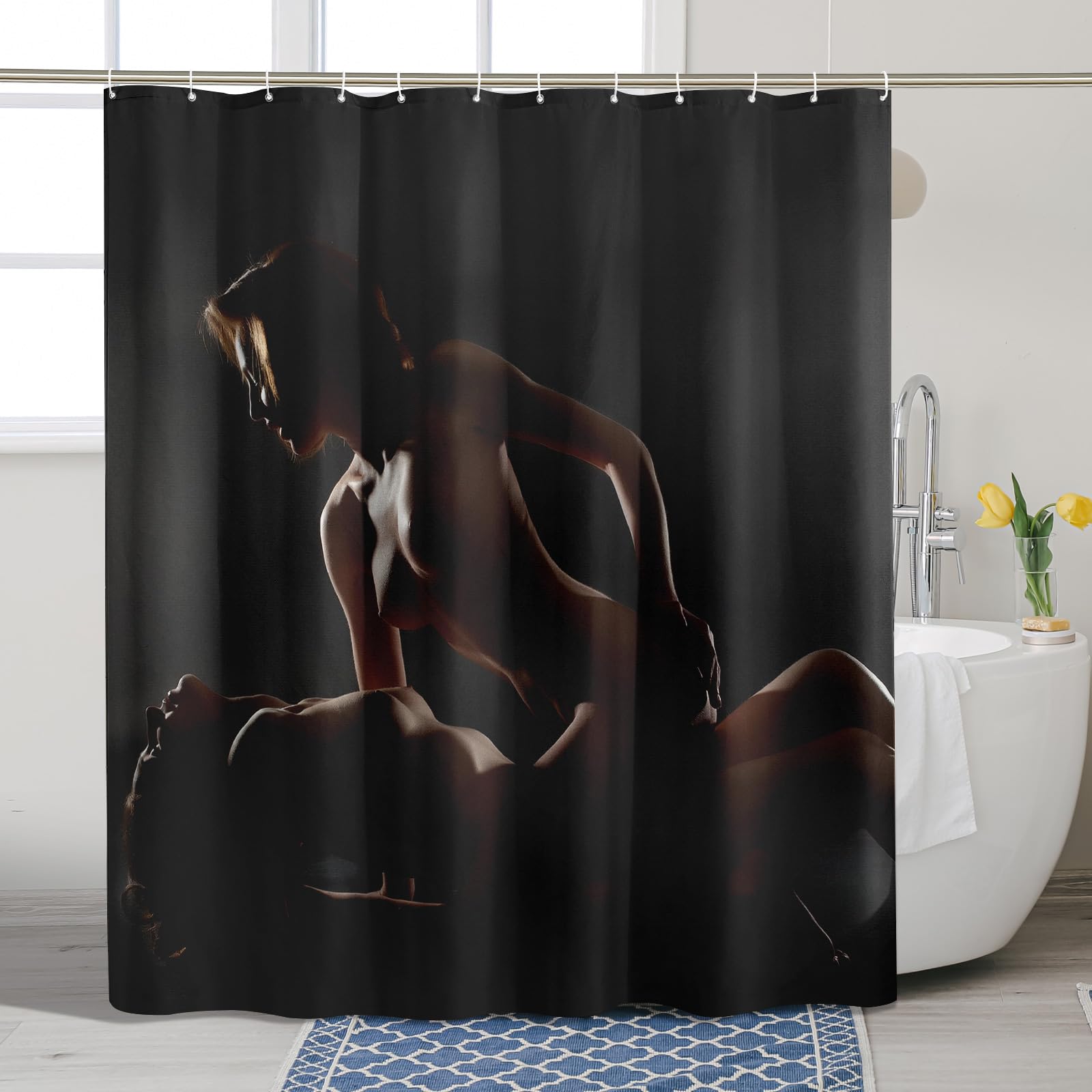 Sexy Couple Shower Curtain with Hooks Woman and Man Sensual Secret Get Naked Passionate Funny Modern Black White Polyester Washable Bathroom Toile Decorative stall Size Adult 62x72inch