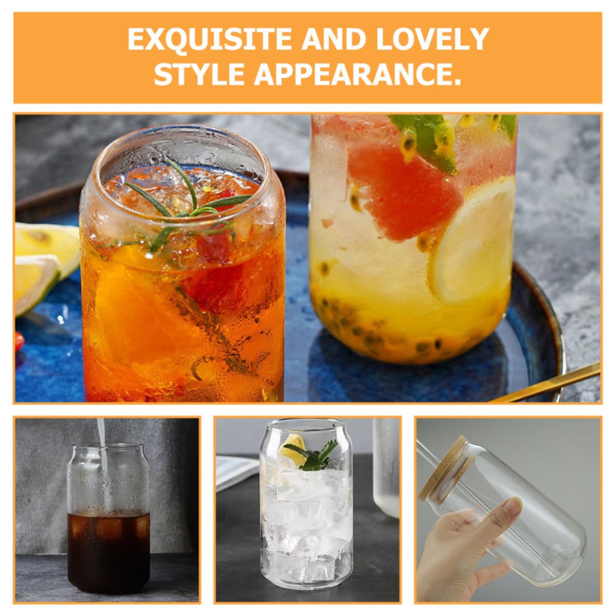Zerodeko Set da 4 Bicchieri di Vetro con Cannuccia e Coperchio, Capacità 550ml, Design Semplice e Funzionale per Casa e Ristorante, per Bevande Fredde e Tè