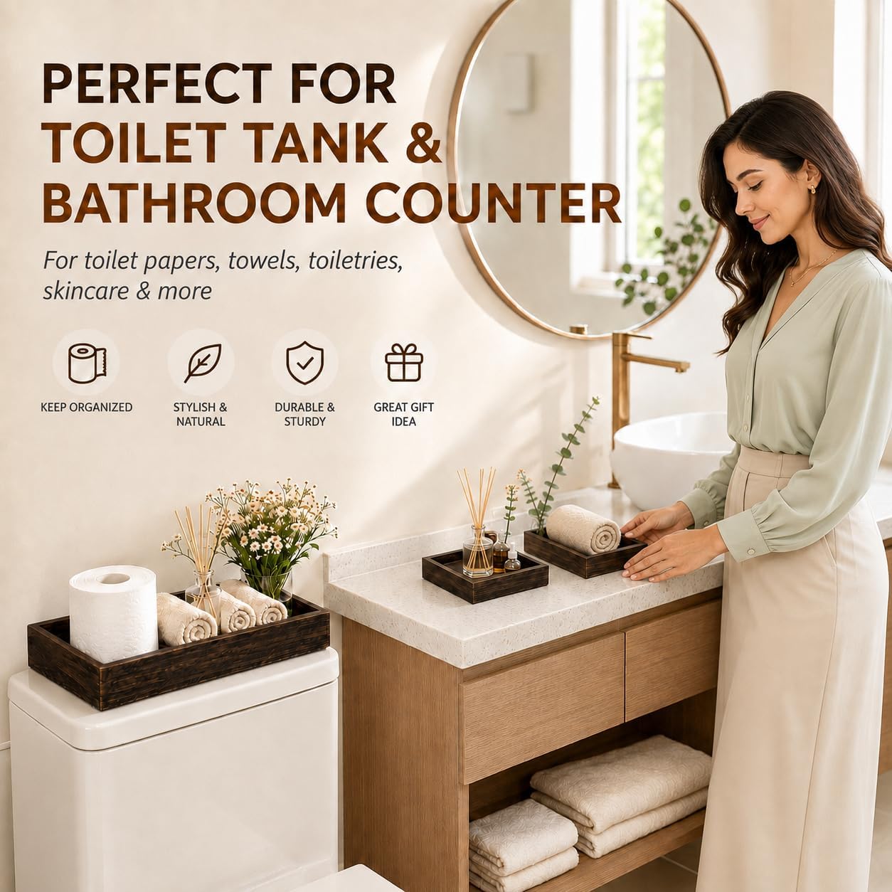 Klunk 3-Piece Rustic Brown Wooden Trays for Bathroom Vanity Toilet Tank Topper Perfume Spa Organizer