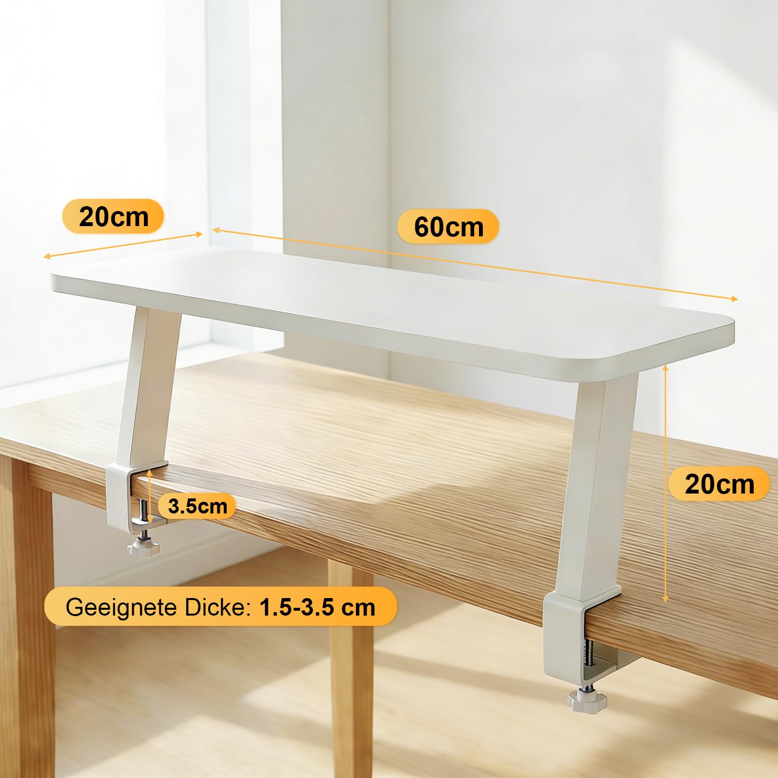 Supporto Rialzato Monitor Ergonomico Acciaio 60x20cm, Fissaggio a Morsetto per Scrivanie 15-35mm (Bianco)