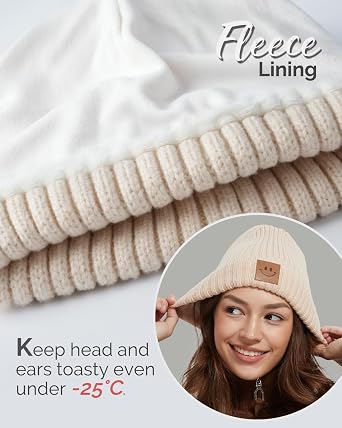 Merino Wool Beanie for Women Men, Warm Knit Winter Hats Double Layer, Fleece Lined Beanie Cuffed Wool Ski Cap
