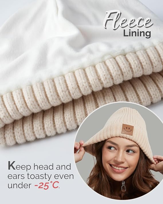 Merino Wool Beanie for Women Men, Warm Knit Winter Hats Double Layer, Fleece Lined Beanie Cuffed Wool Ski Cap