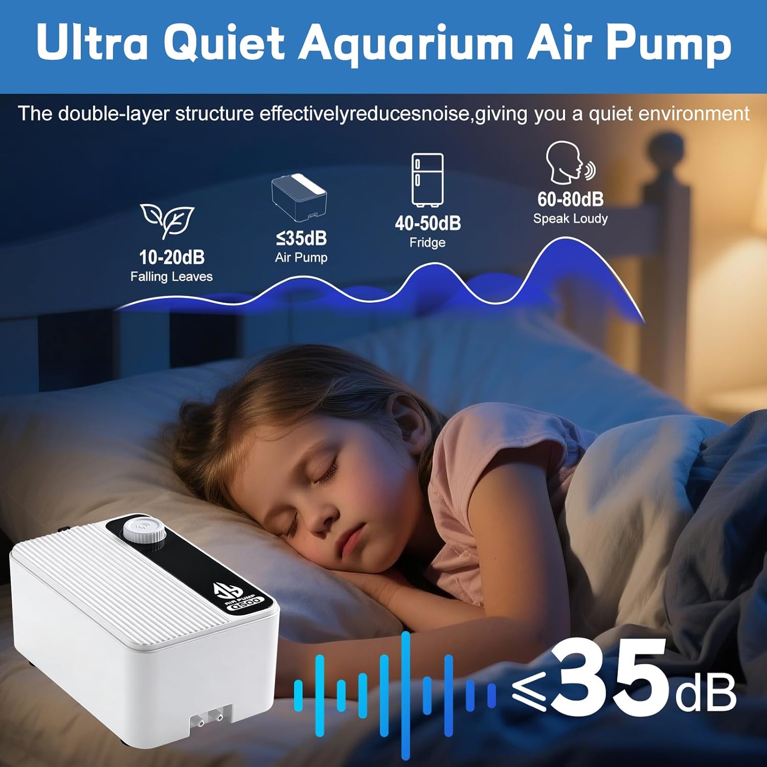 Aquarium Air Pump, Quiet Powerful Fish Tank Air Pump, Adjustable Fish Tank Bubbler with Air Stone, 2.3W/5.5W/8W Bubbler for Aquarium Fish Tank for Small Medium Large Fish Tank Up to 200 Gallon