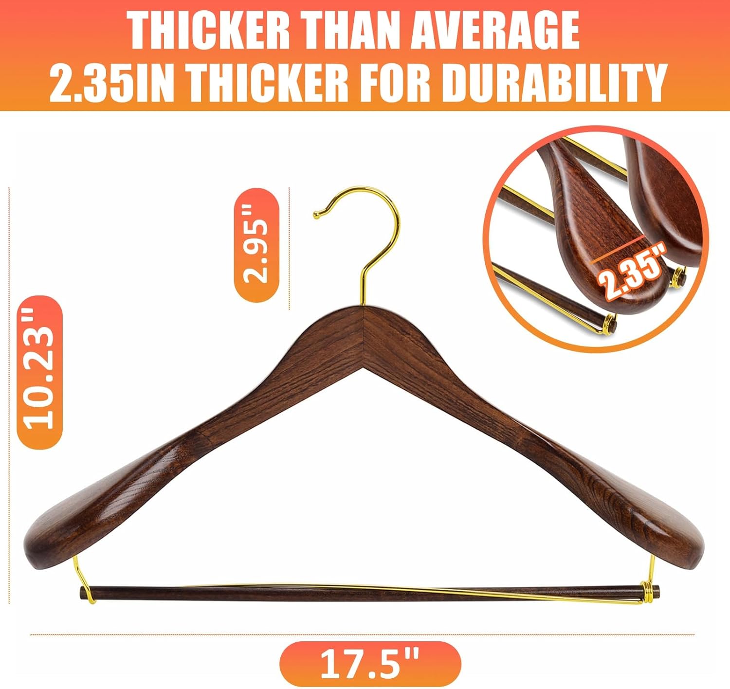 Amber Home 6 Pack Retro Wooden Suit Hangers with Gold Hook, Vintage Wide Shoulder Suit Hangers with Gold Pants Locking Bar, Wood Jacket Clothes Hangers for Sweater, Pants, Heavy Clothes - Image 2