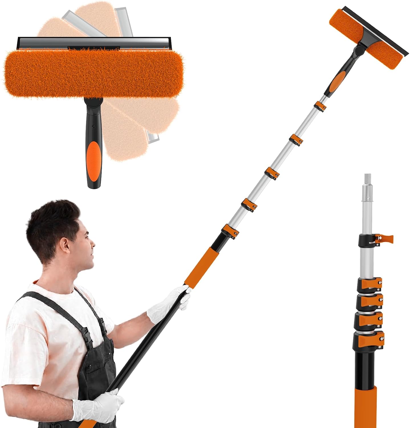 30FT Reach Window Squeegee with Extension Pole, 2-in-1 Professional Window Washing Kit for Home, Indoor Outdoor Squeegee with Rotatable Head for High Windows 24FT