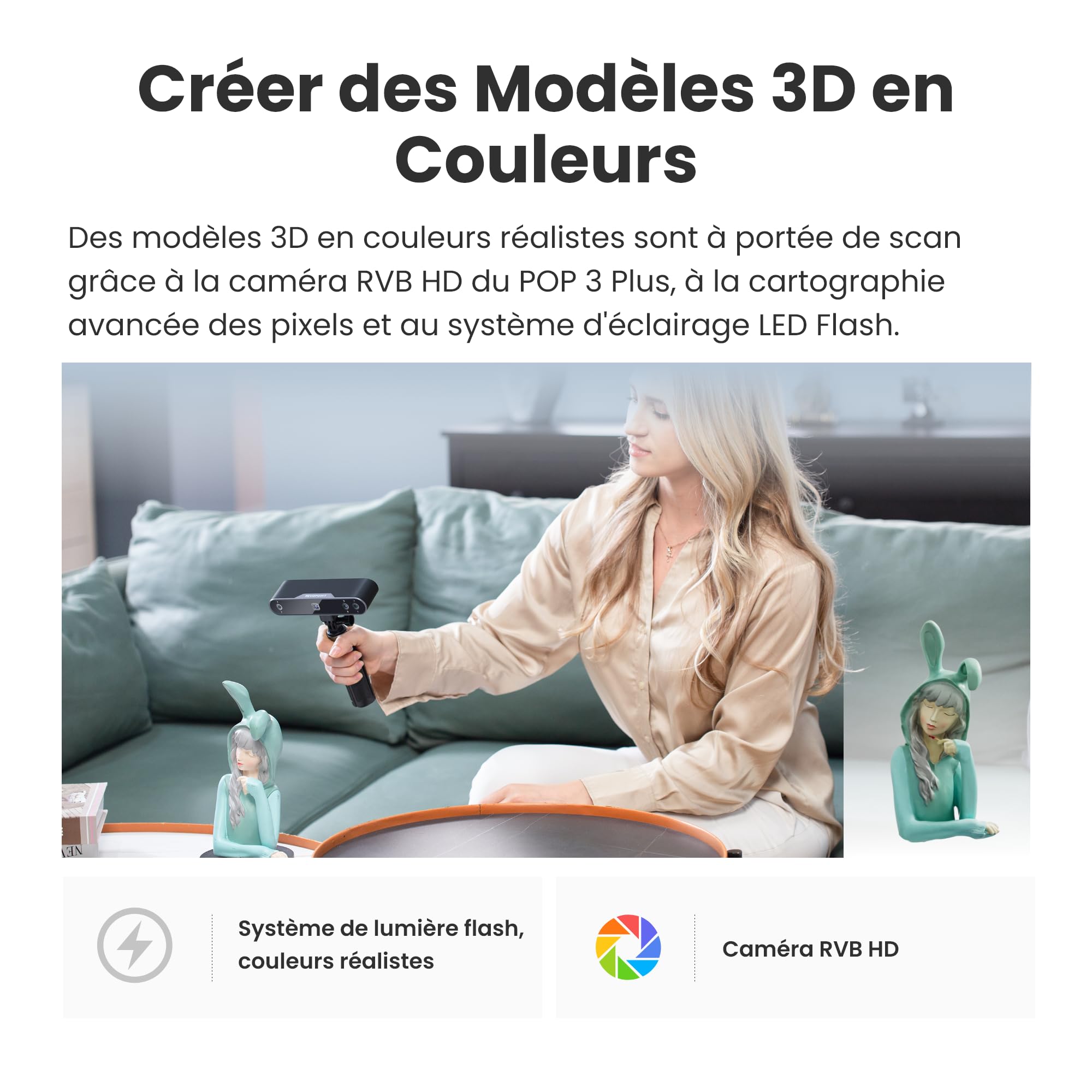 Revopoint POP 3 Plus Scanner 3D pour l'impression 3D,Scanner portable Vitesse de numérisation de 18 fps, Précision de 0.04mm, Numérisation couleur d'un objet de taille moyenne, STANDARD