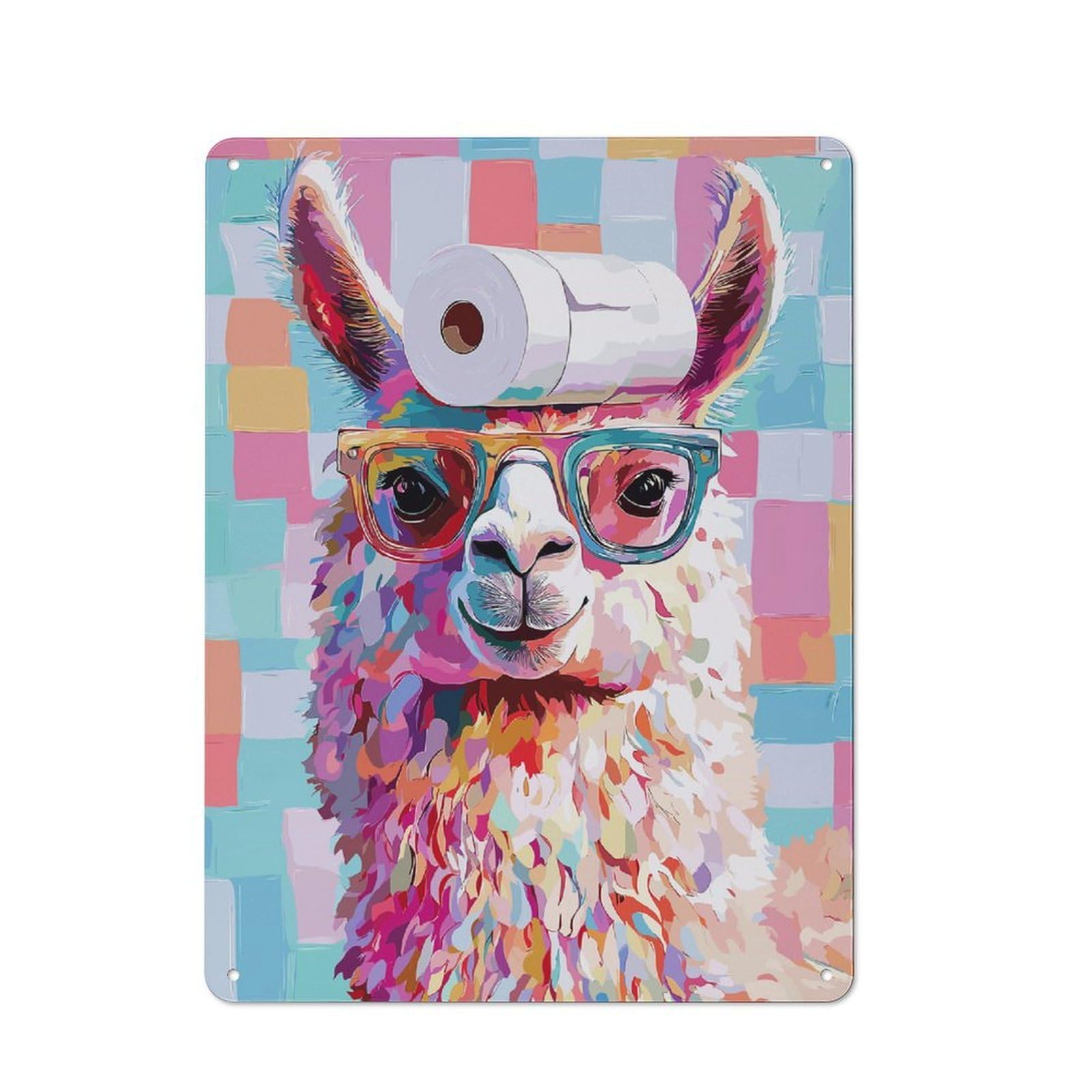 Junmoney Colorful Llama With Toilet Paper Hat Distressed Look Decorative Tin Sign 40X30cm Featuring Retro Room Decor For Bedroom, Office, Home Bar Or Dining Room