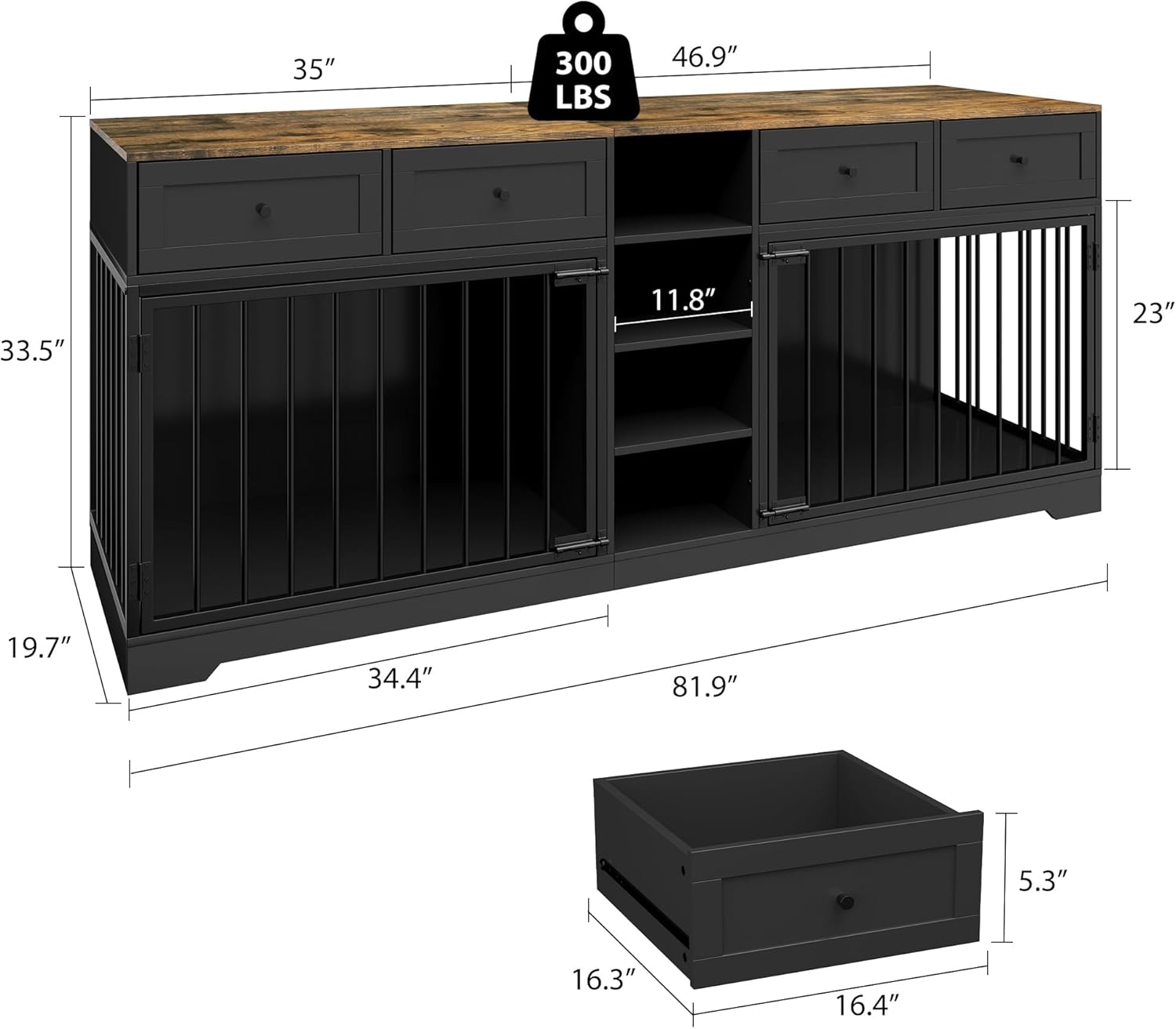 Diagram showing detailed dimensions of the GarveeHome 82-inch Double Dog Crate, including length, width, height, and internal measurements.