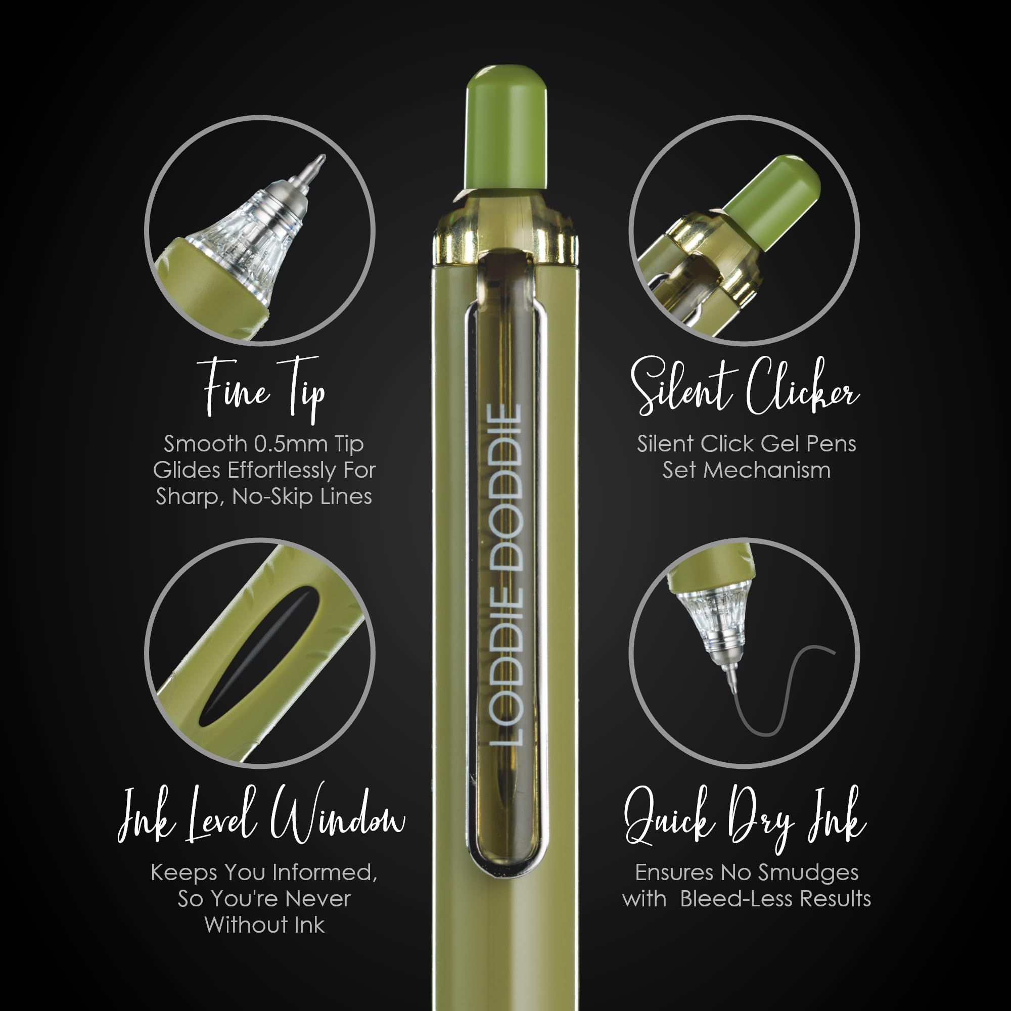 Loddie Doddie 6 bolígrafos de gel retráctiles Hush, bolígrafos de gel de punta de 0.5 mm para diario, barriles de colores, clic silencioso, escritura suave, tinta de secado rápido, juego de bolígrafos