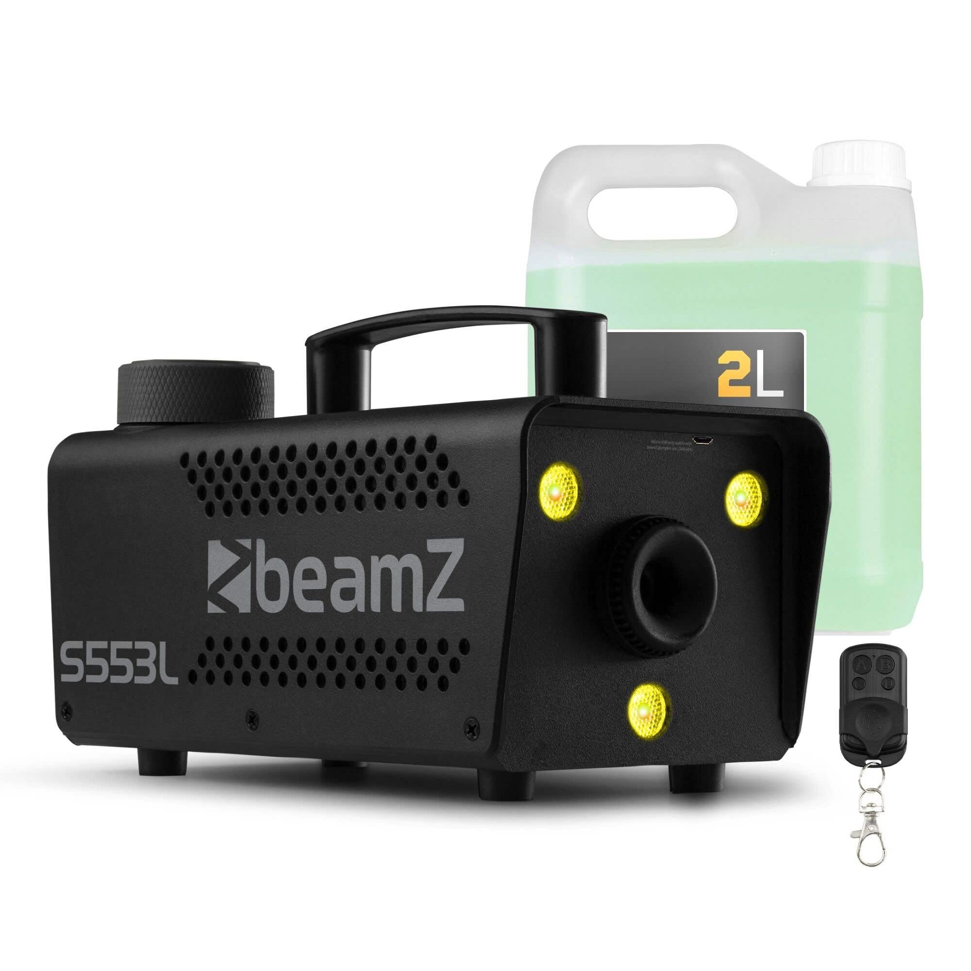 BeamZ S553L máquina de humo 550W con LEDs RGB y efecto estroboscópico, lista en 2,5 min, salida 50 m³/min, incluye 2L de líquido, compacta y portátil para fiestas y eventos