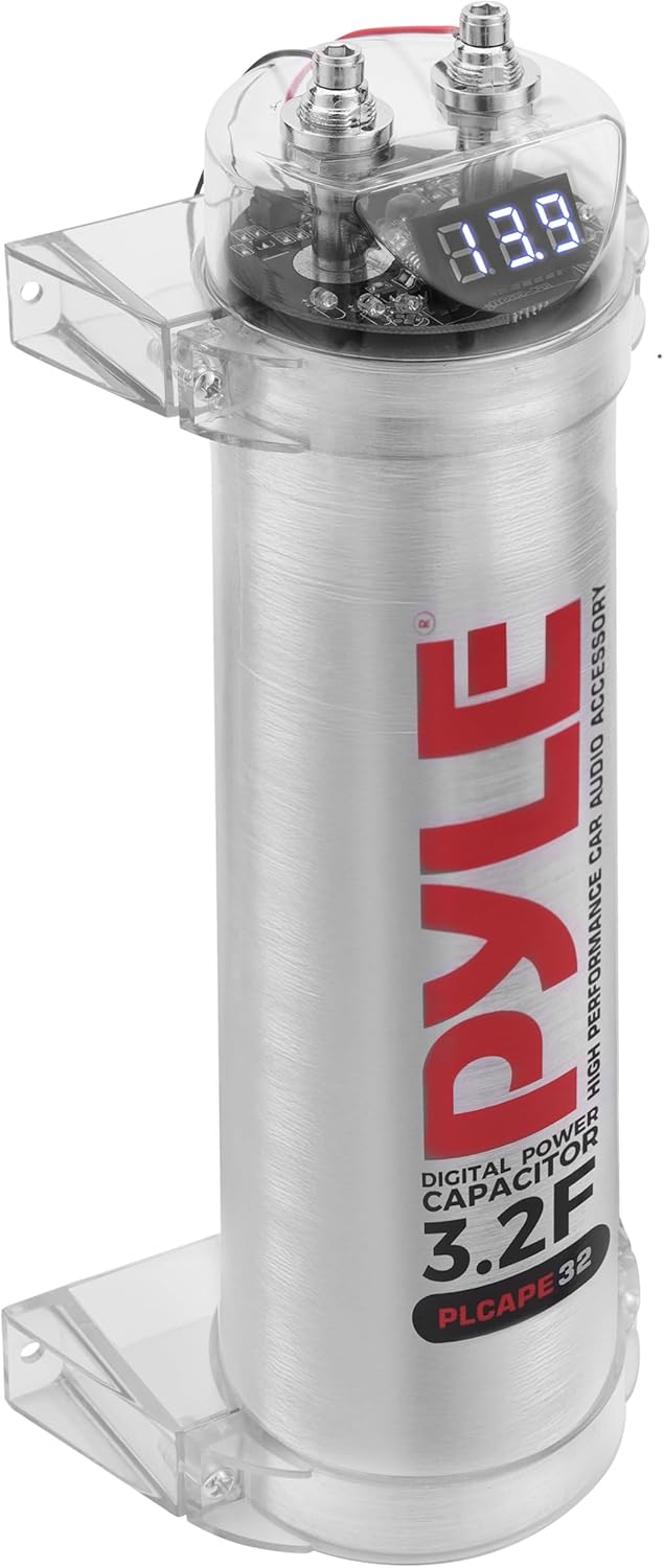 Pyle 3.2 Farad Digital Power Capacitor - High-Performance Car Audio, LED Display, Electronic Polarity Protection, Over Voltage Protection, Mounting Hardware and Post Kits, 2.9"x9.7"