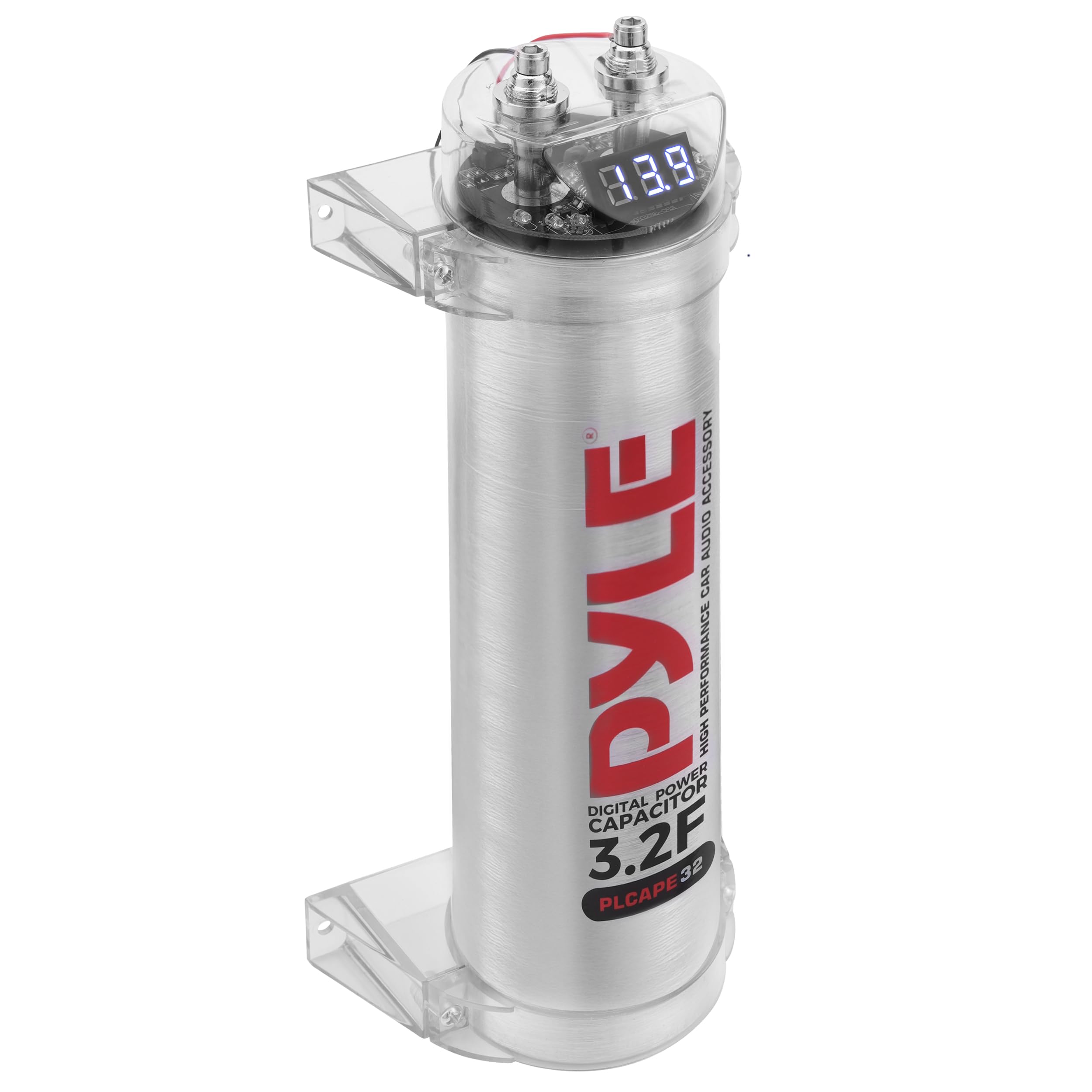 Pyle 3.2 Farad Digital Power Capacitor - High-Performance Car Audio, LED Display, Electronic Polarity Protection, Over Voltage Protection, Mounting Hardware and Post Kits, 2.9"x9.7"