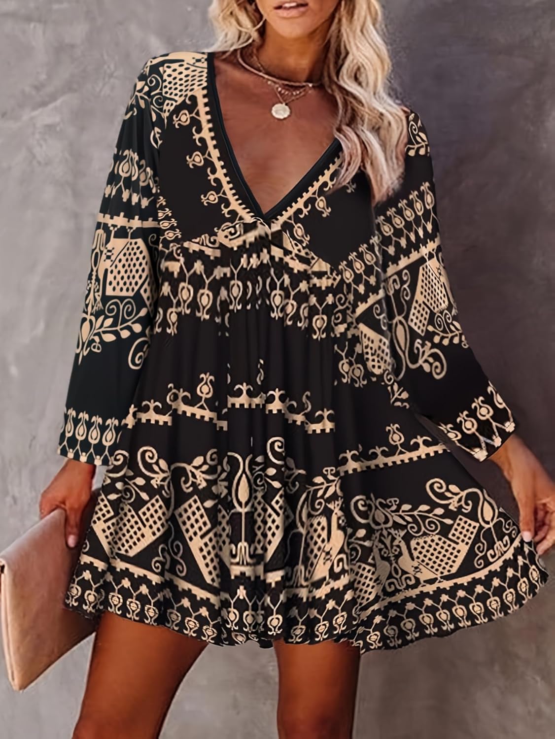 Women's Summer Ethnic Print Dress Versatile V-Neck Short-Sleeve Dress