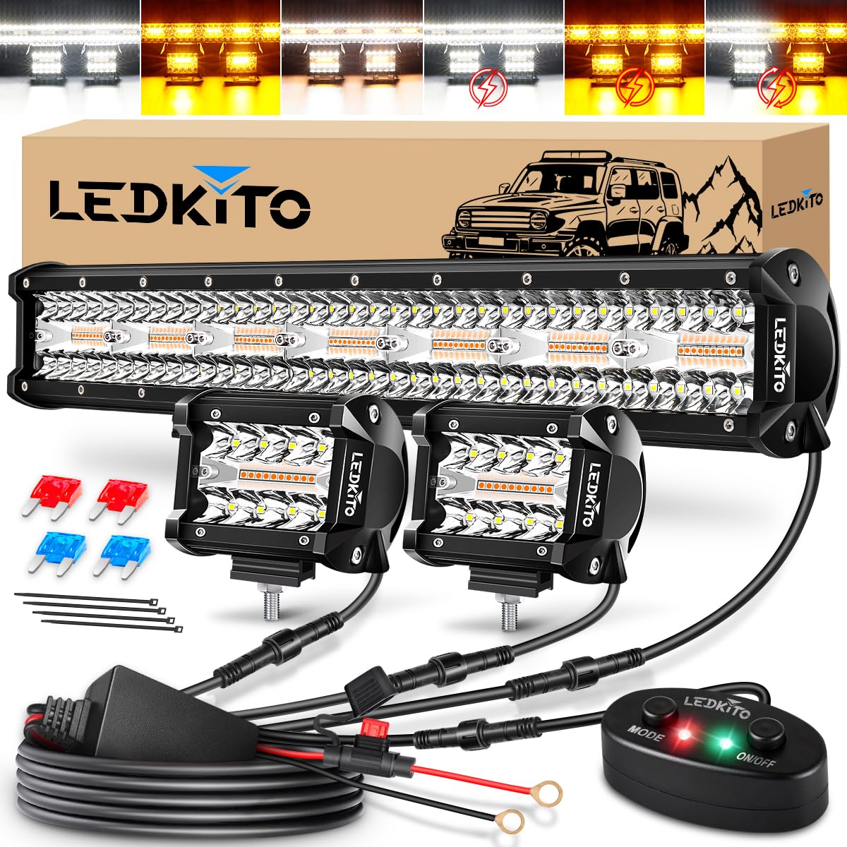 20In LED Light Bar+4In LED Cube Pod Lights Amber White Strobe 6Mode