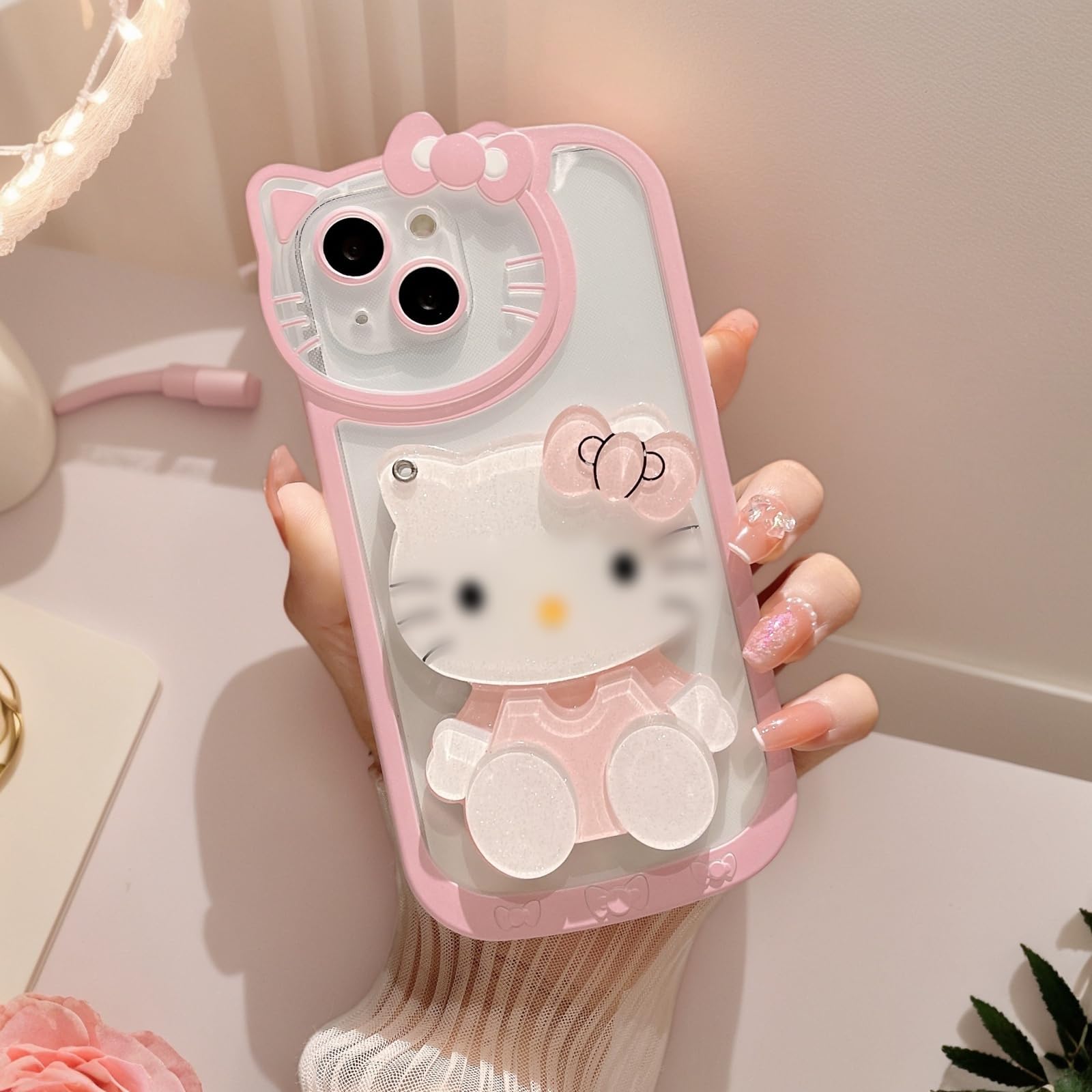 for iPhone 12 Pro Cute Cartoon Case,Women Girls Kids 3D Bow Kawaii Pink Cartoon Face Makeup Mirror Soft TPU Clear Protective Phone Cover 6.1inch