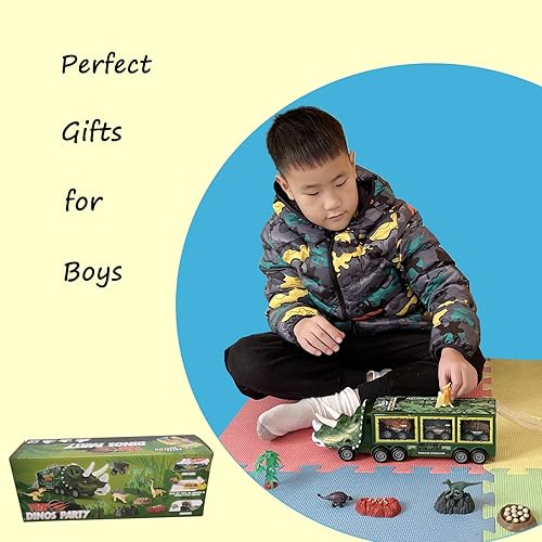 Miniatura 6 de PUTYOSH Camión de juguete de dinosaurio para niños, transportador de dinosaurios con 3 juguetes de dinosaurios3 autos de dinosaurio de tracción