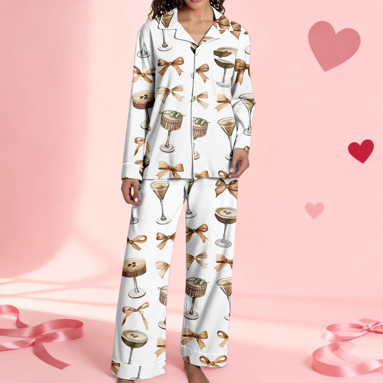 Lässiger mit Print, langärmeligem Oberteil Hose, weiche Bequeme Schlafbekleidung für Nacht mit elegantem Blumenmuster 8