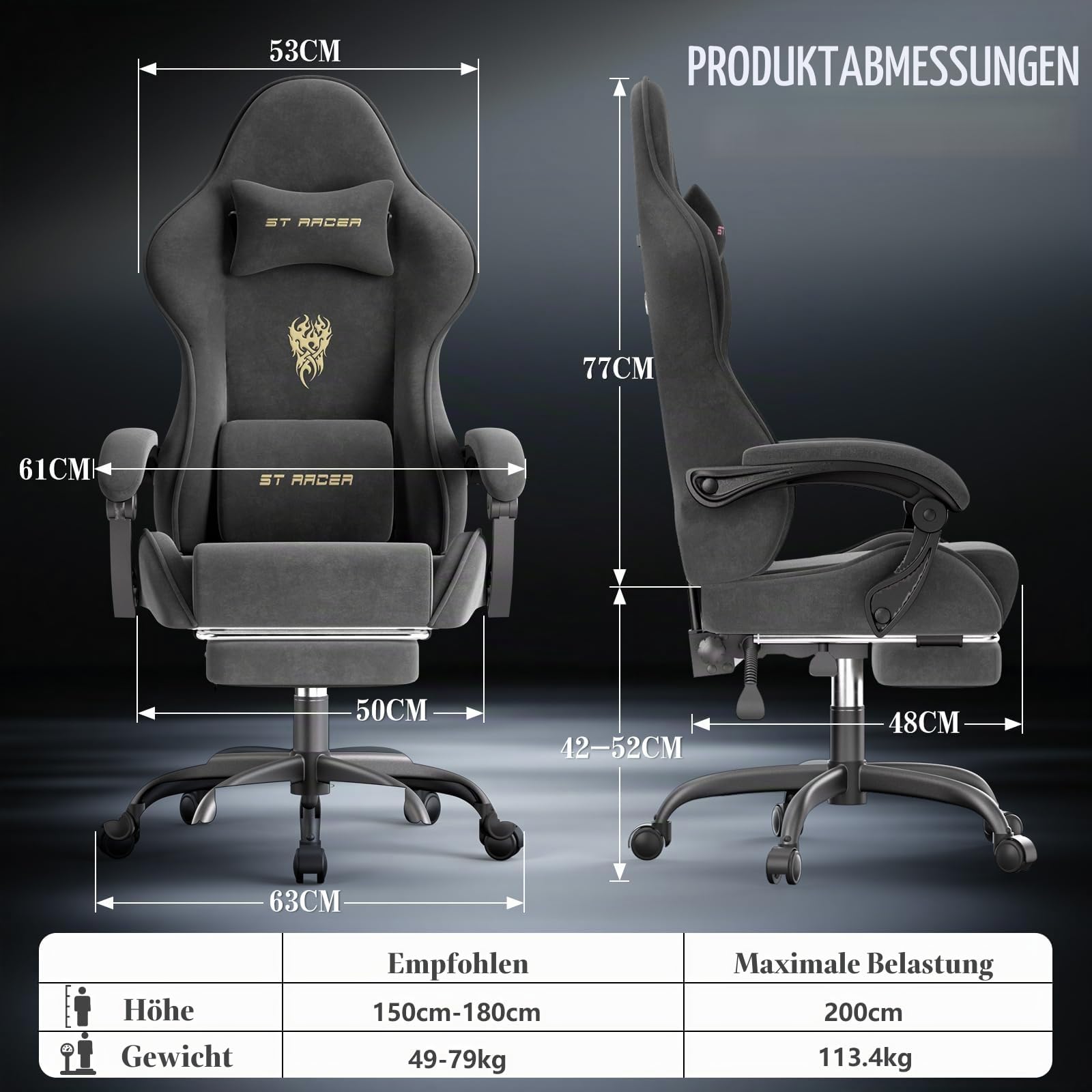Verdego Gaming Stuhl Ergonomisch, Gaming Chair mit Massagefunktion, Fußstütze, Gamingstuhl Samt, Höhenverstellbar, Gamer Stuhl Verstellbare Rückenlehne 90-125°, Linkage Armlehnen (Schwarz)