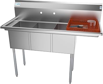 KoolMore - SC121610-12R3 3 Compartment Stainless Steel NSF Commercial Kitchen Sink with Drainboard - Bowl Size 12" x 16" x 10", Silver