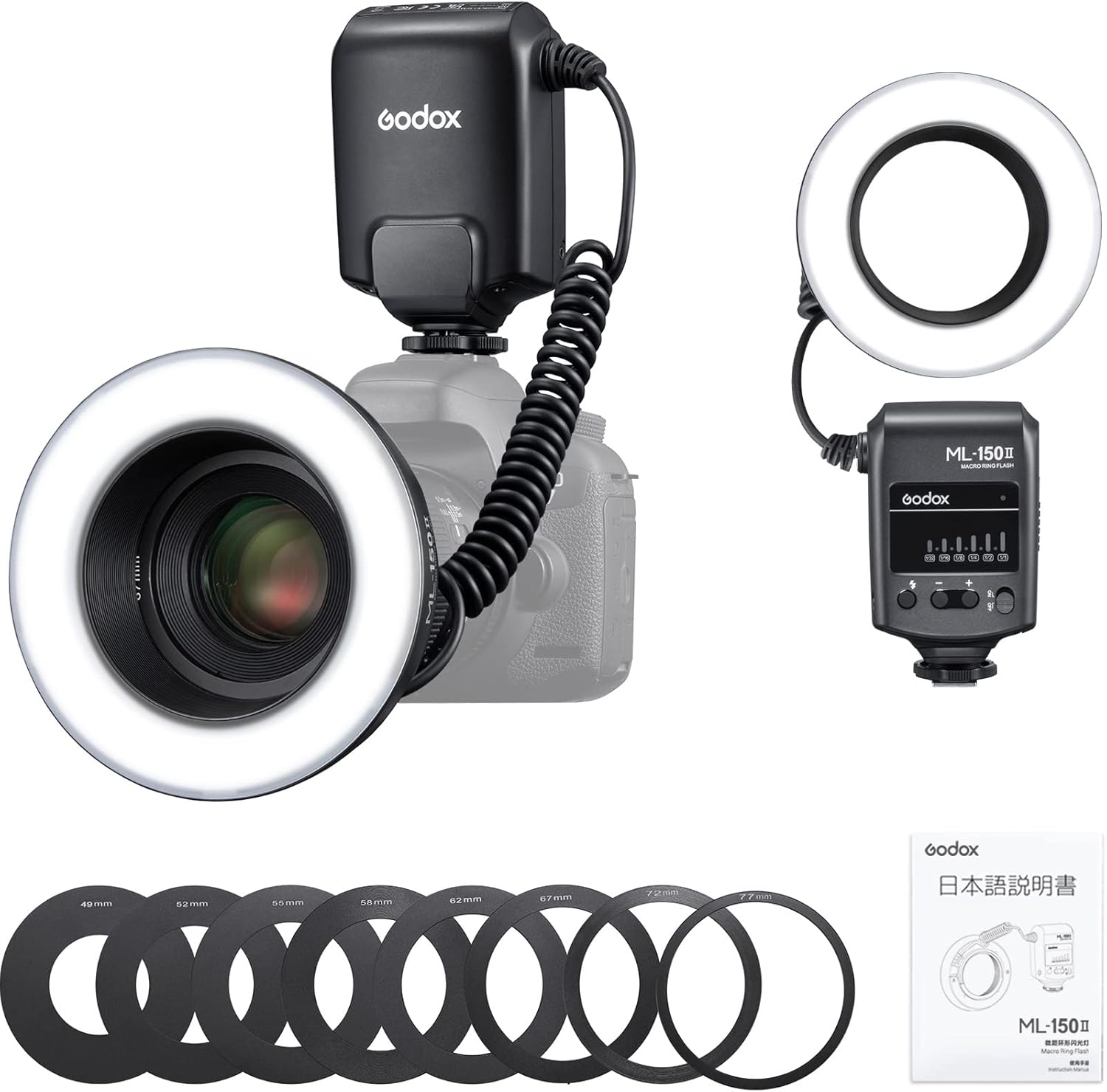 Amazon GODOX ML150II マクロフラッシュ リングライト 光量調節 アダプターリング8枚キート 日本語説明書付き 昆虫