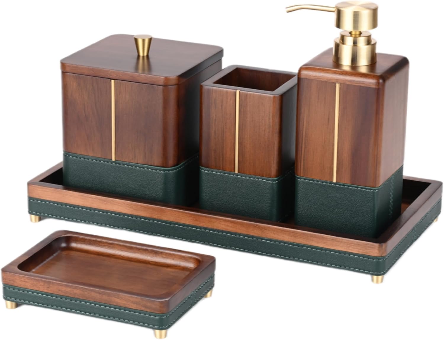 MIHIRO 5 Piece Acacia Wood Bathroom Accessory Set with Tray Wooden Soap Dispenser Toothbrush Holder Cotton Swab Jar Soap Dish for Vanity Countertop, Retro Leather Copper Accent Walnut Brown(Chestnut)