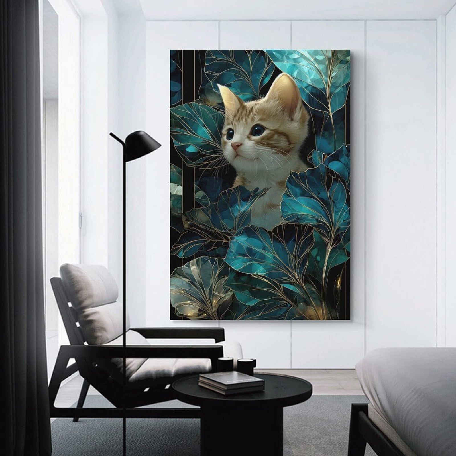 Junmoney Kitten in Teal Floral Art Wall Art Print, 16x24inch(40x60cm), for Front Hall, Corridor Or Welcome Spaces, Wall Decor to Refresh Empty Corners