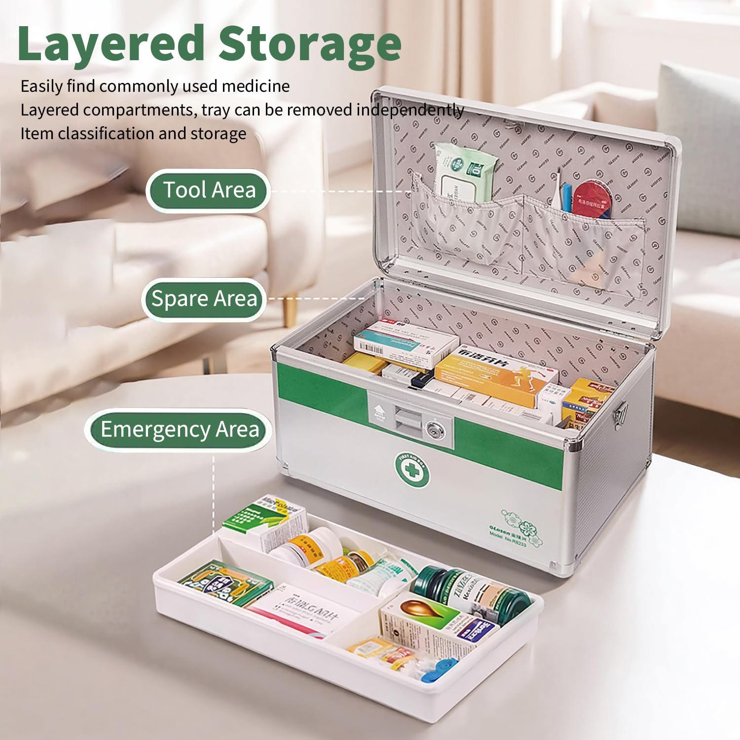 Cassetta per Medicinali con Serratura e Maniglia, Scatola Porta Medicine, Portatile Scatola di Pronto Soccorso, Cassa per Medicinali con Serratura a Chiave e Vassoio Rimovibile 25×17,5×17,5 cm