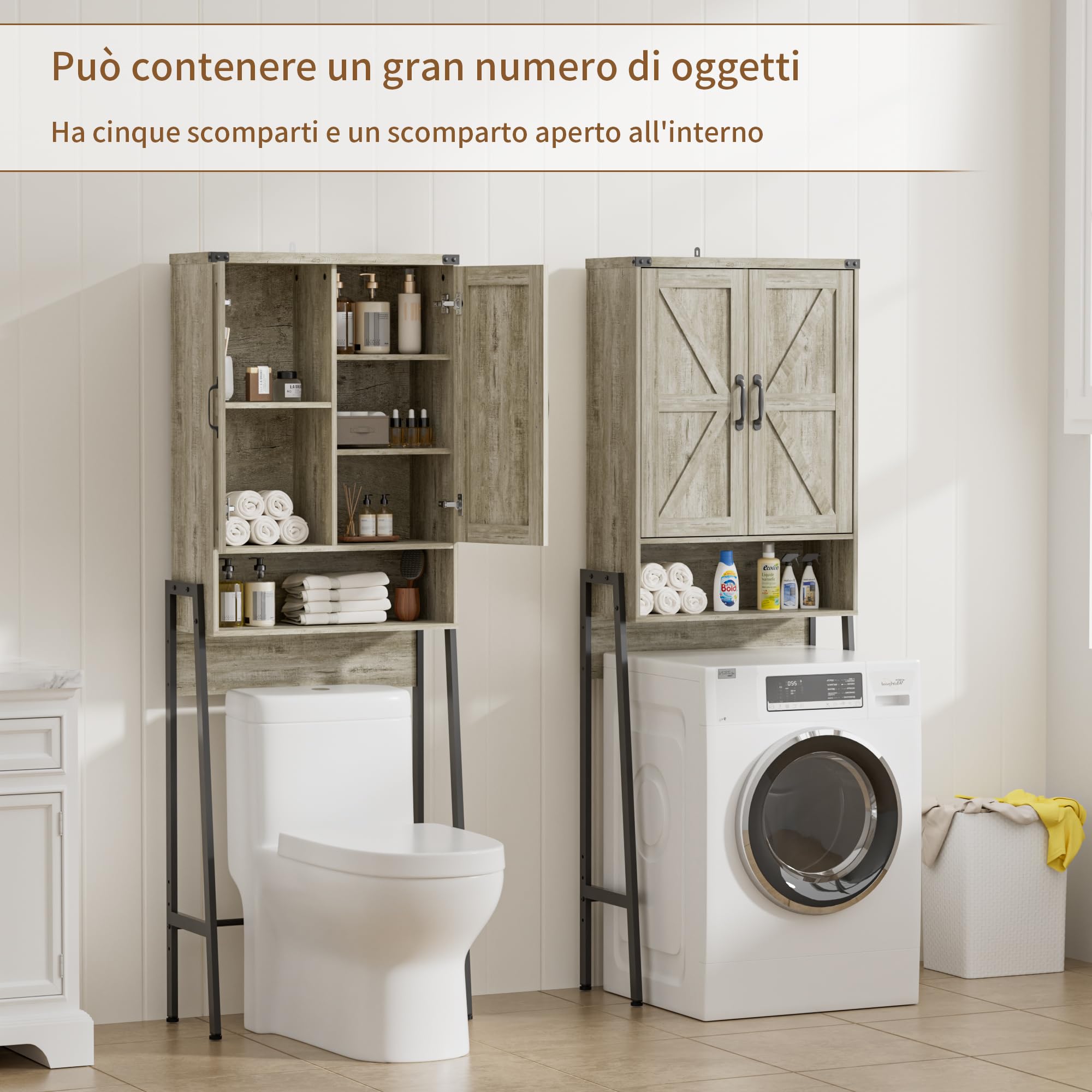 BonVache Mensola WC con ante da bagno con 6 ripiani, mensole per piccole lavatrici, armadietto per bagno, 171 x 59,6 x 25,3 cm, grigio