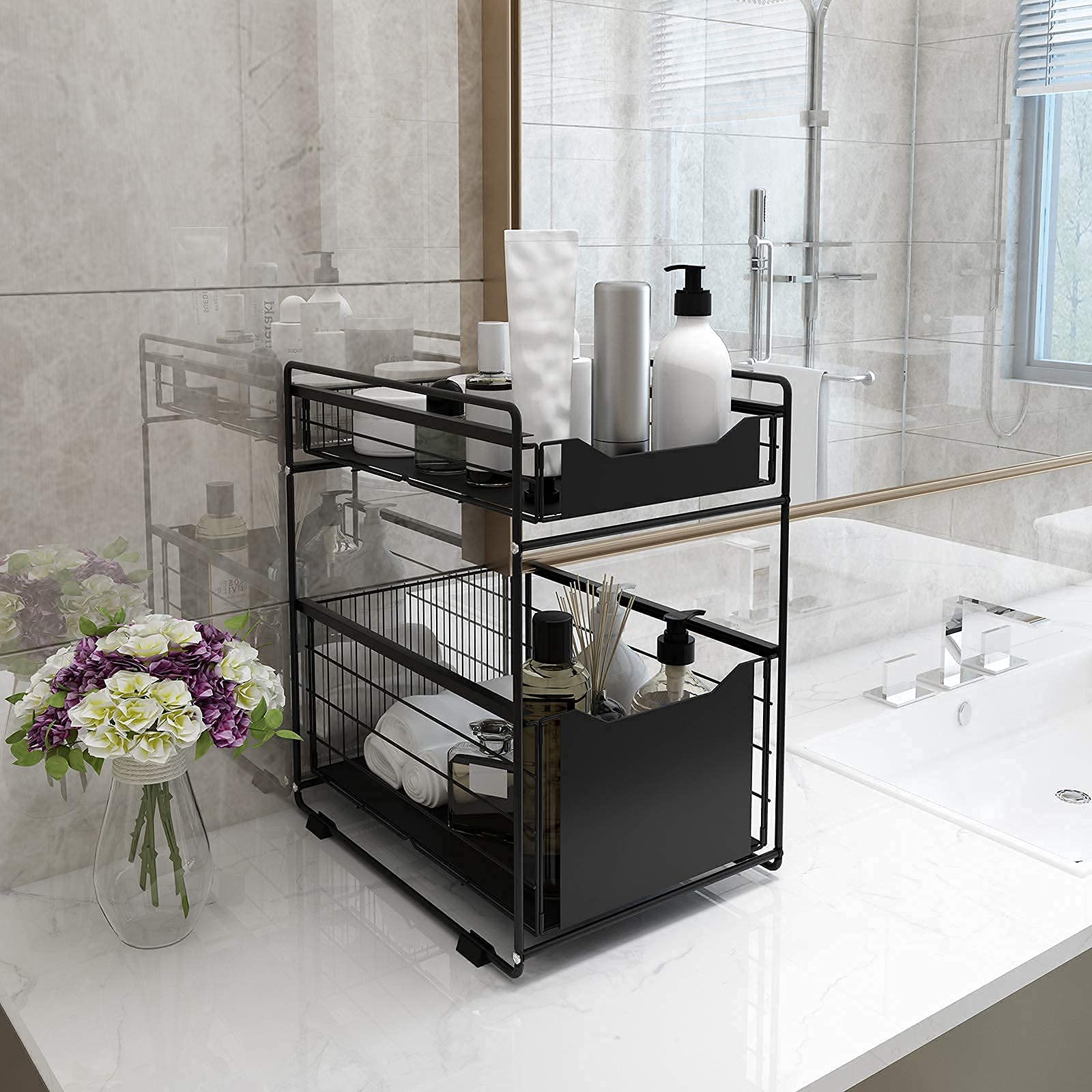 Organizzatore a 2 Ripiani con Cassetto Portaoggetti Sotto il Lavandino Scorrevole Cestino Estraibile Portaspezie Organizer per Snack per Cucina Bagno Camera da Letto-Nero