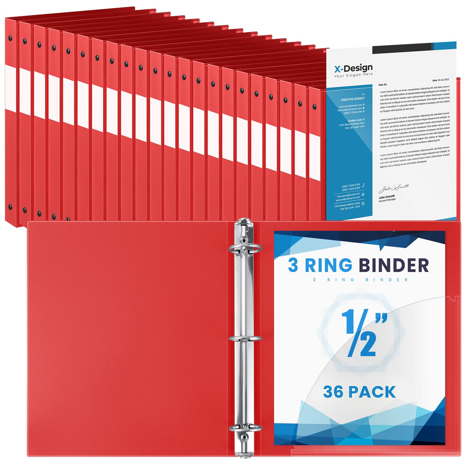 Henoyso 36 Pack 1/2 Inch 3 Ring Binder with Clear Cover Fit Letter Size 8.5" x 11" Paper Holds 140 Sheets, Bulk Binders for Organizing School, Office &amp; Classroom Documents, 1 Pocket (Red)