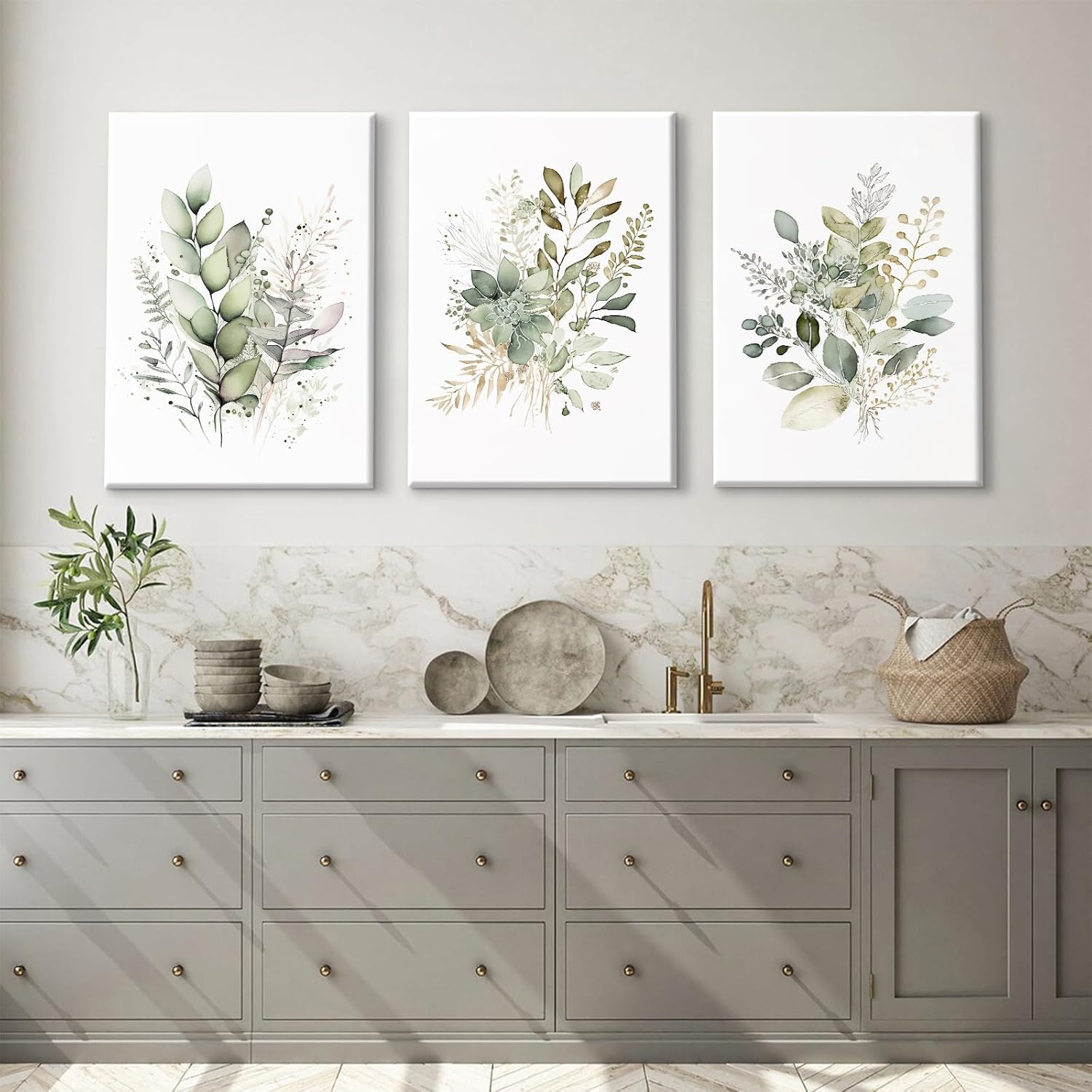 Watercolor Botanical Wall Art Set of 3 Boho Floral Canvas Wall Decor Prints Sage Green Wildflower Wall Art Modern Flower Pictures Botanical Painting for Bedroom Bathroom 12x16 Inch Wrapped Canvas