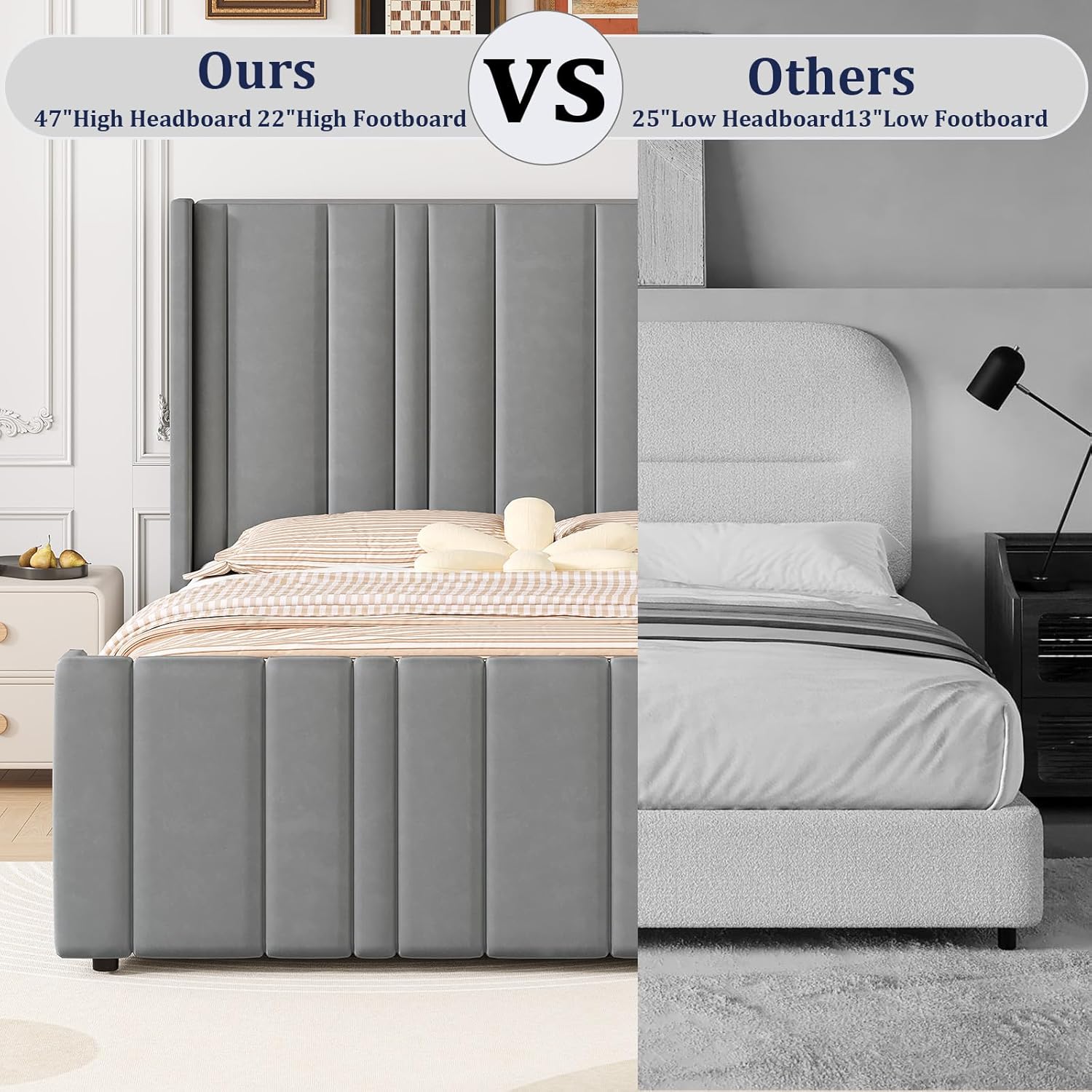 HOMBCK Bed Frame Queen Size, Upholstered Bed Frame Queen with Velvet Headboard & Footboard, Vertical Channel Tufted Design, No Box Spring Needed, Wooden Slats, Noise Free, Easy Assembly, Grey