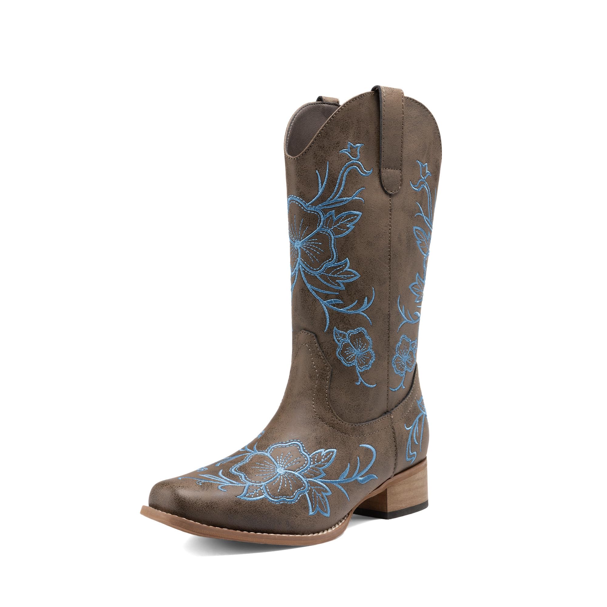 DREAM PAIRS Stivali da cowboy da donna con punta quadrata ricamata, tacco basso grosso, stile western, per festival di musica country, feste a tema e concerti, Marrone scuro, 41 EU