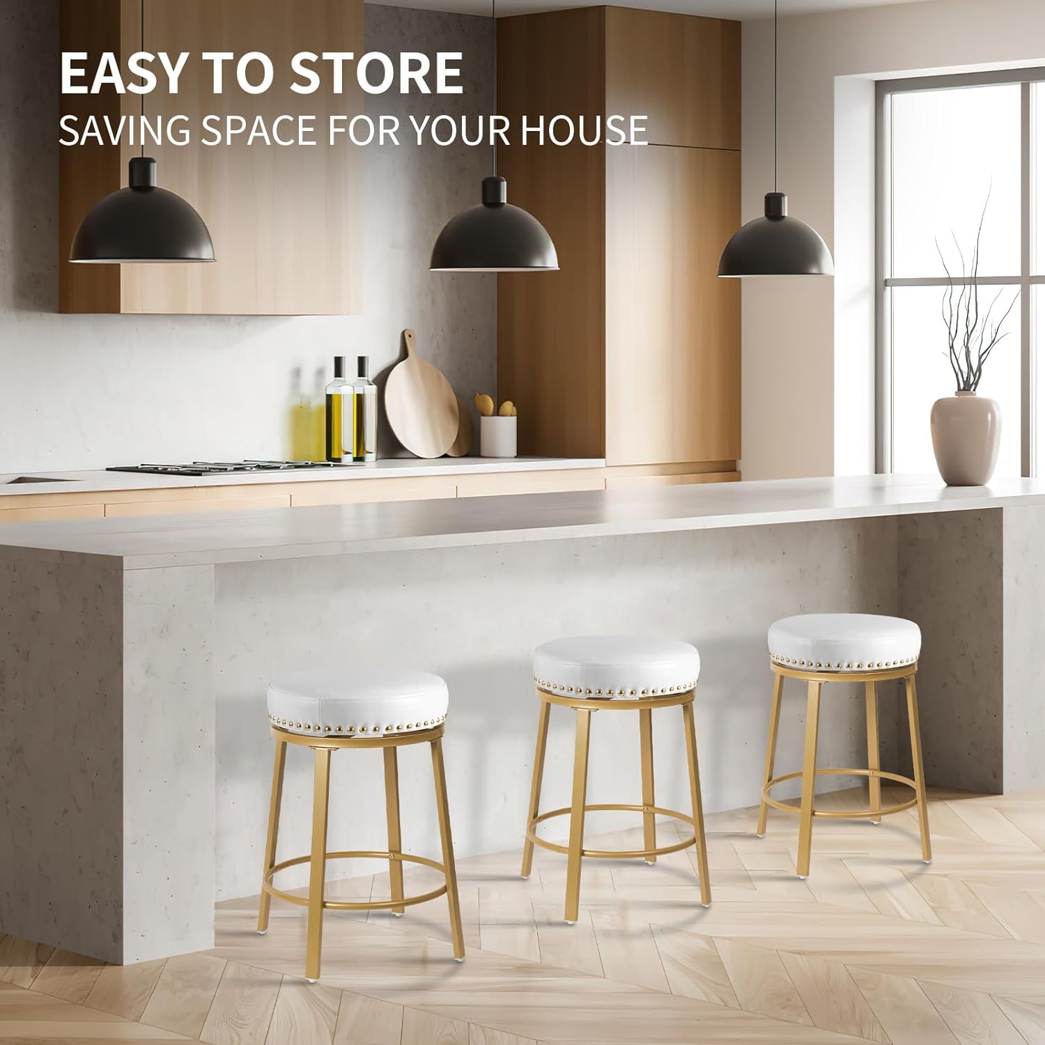 White & Gold Bar Stools Set of 2 Counter Height 24 Inches Swivel Bar Stools for Kitchen Counter Island Backless Modern Gold Barstools Upholstered Faux Leather Round Counter Stools, Off White+Gold