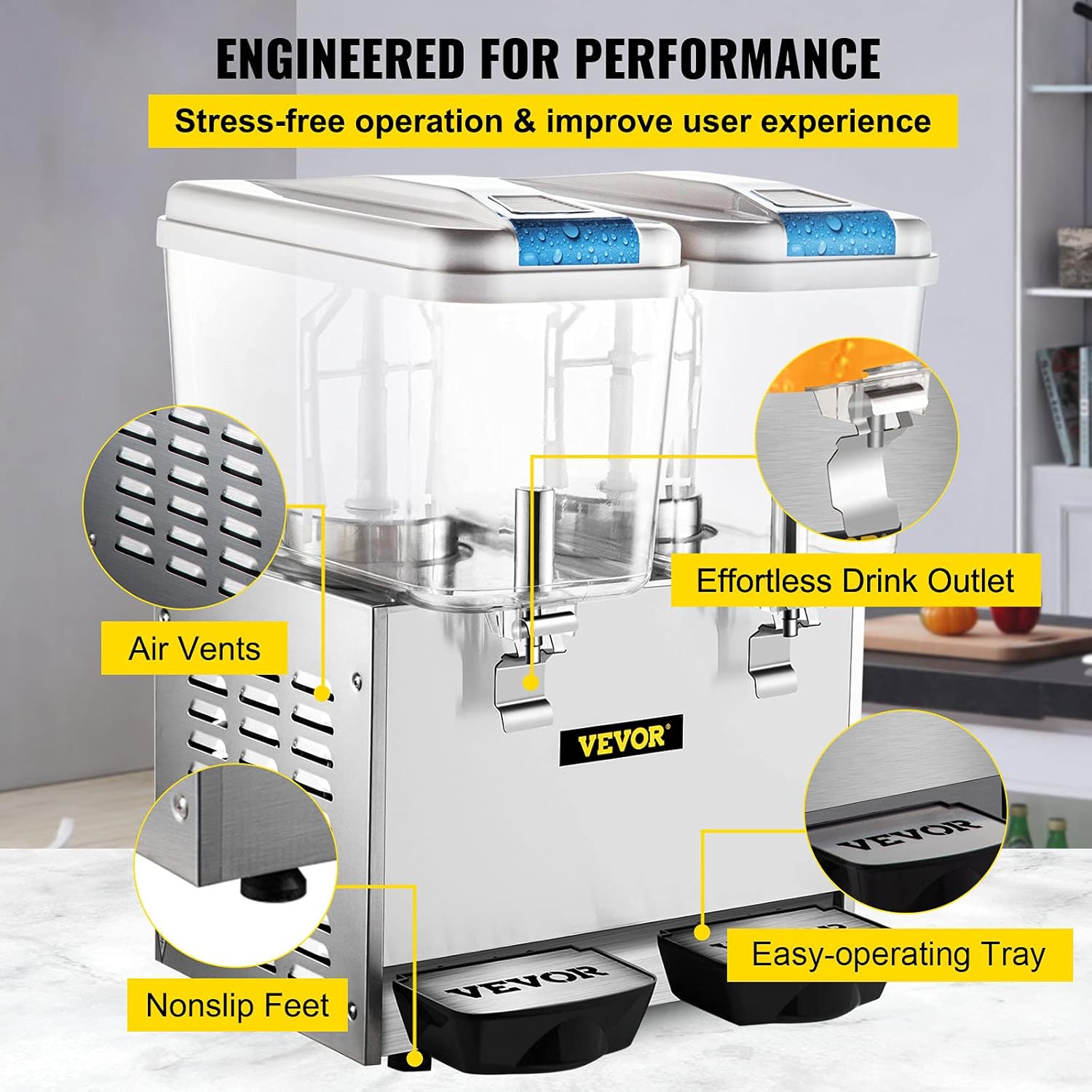 VEVOR 110V Commercial Beverage Dispenser,9.5 Gallon 36L 2 Tanks Juice Dispenser Commercial,18 Liter Per Tank 300W Stainless Steel Food Grade Material Ice Tea Drink Dispenser Equipped with Thermostat Controller : Industrial & Scientific
