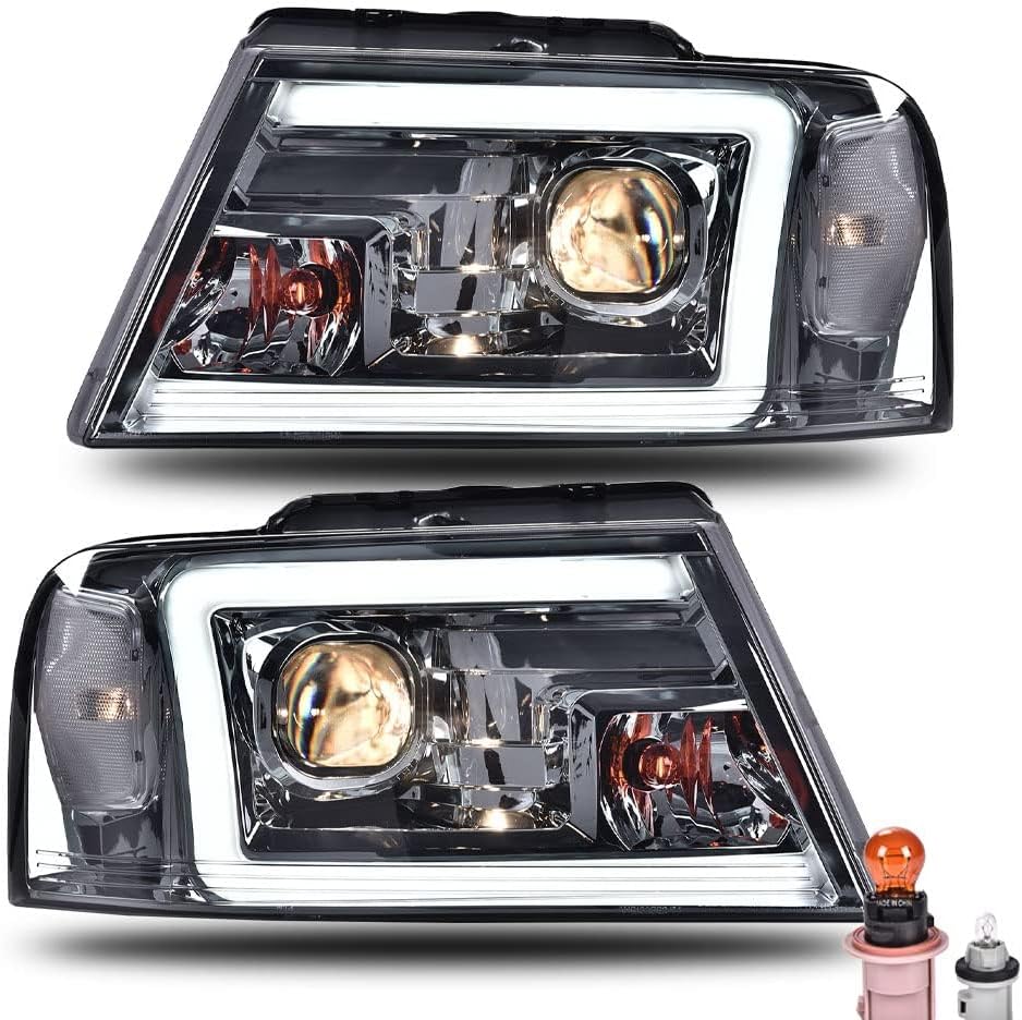 CNNELL LED DRL Headlights Assembly Compatible with Ford F-150 Pickup 2004-2008, Lincoln Mark LT 2006-2008 (NOT For 04 F150 Heritage/Flareside Beds Models) Smoky lens Chrome Housing Clear Reflector