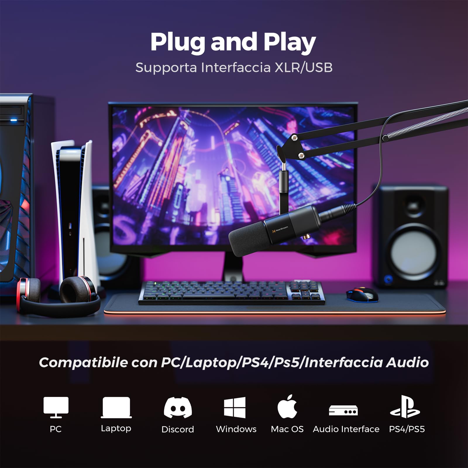 NearStream AM20X Microfono USB/XLR a Condensatore Supercardioide, Compatibile con Mac, PC, PS4/PS5, Audio Mixer, Interfaccia Audio, con Mute, Guadagno Audio, Riduzione del Rumore e Monitoraggio Audio