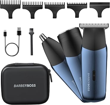 BarberBoss 3-in-1 Travel Trimmer Kit for Men, Beard & Hair Trimmer, Nose & Ear Trimmer, Mini Shaver, Men s Electric Shaver, Dual-Speed Control, Male Electric Grooming Set, QR-2212 | Beard & Hair Trimmer, Nose & Ear Trimmer, Mini Shaver, Dual-Speed Control, Electric Grooming Set