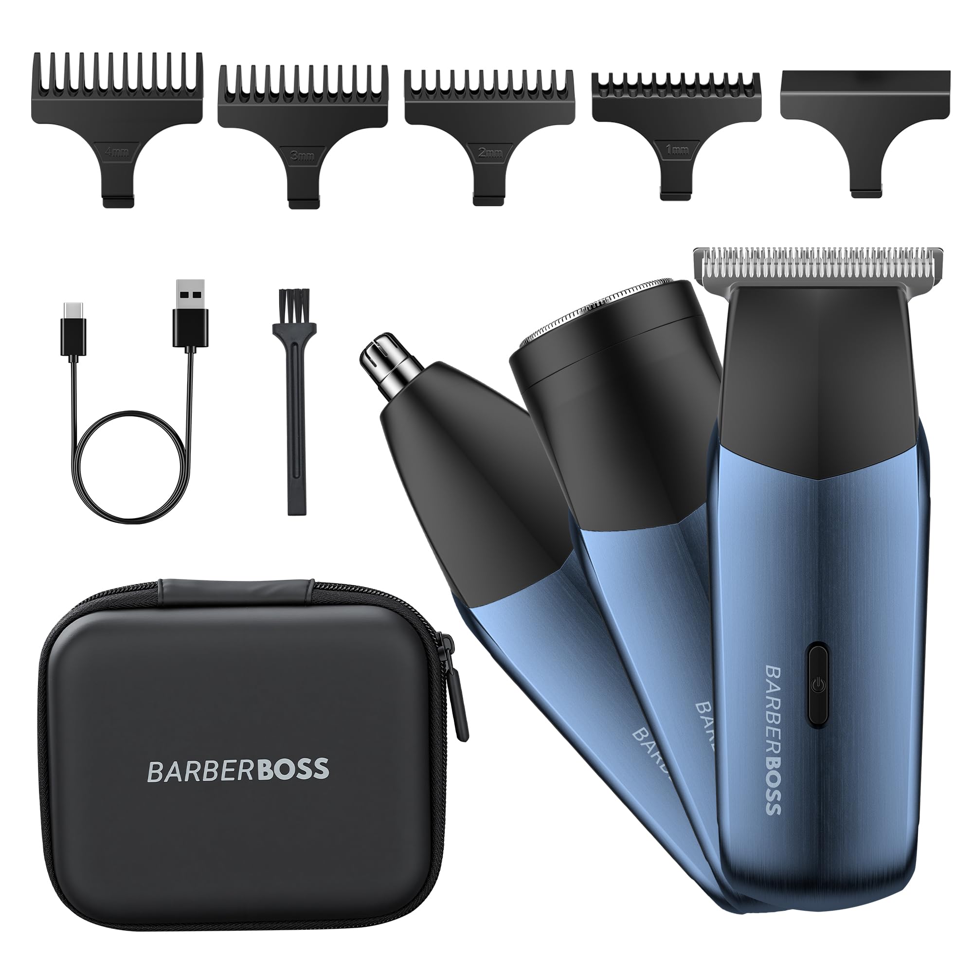 BarberBoss Rasoir électrique 3 en 1 pour homme, kit de tondeuse de voyage pour homme, tondeuse à barbe et à cheveux, tondeuse nez et oreille (Bleu Marine Métallisé)