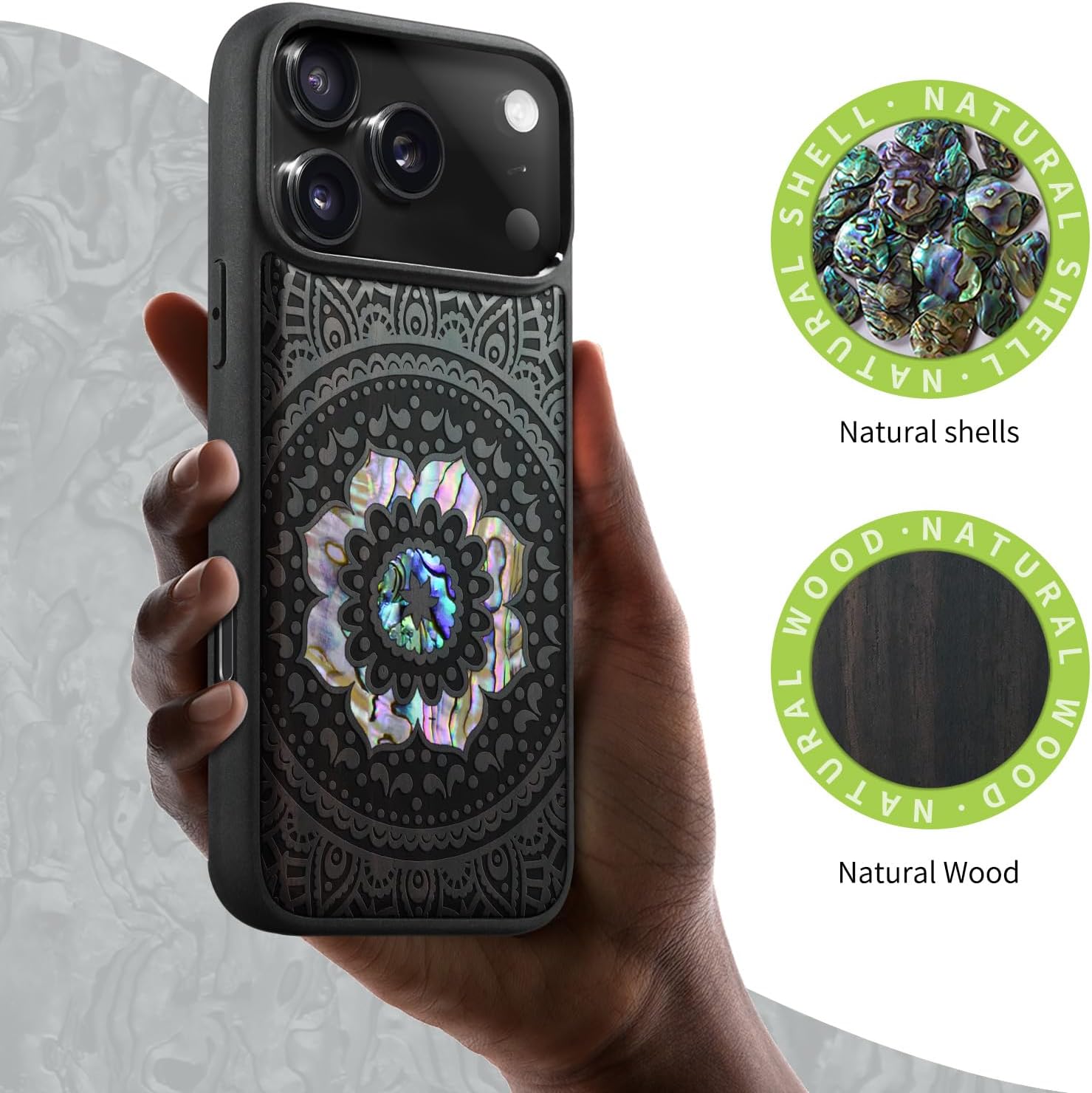 Carveit Magnetic Case for iPhone 17 Pro Case, Wood Artisan Engraved & Handmade Shell Inlaid, TPU Shockproof Cover, Compatible with MagSafe Wireless Chargers (Mandala Pattern-Blackwood)