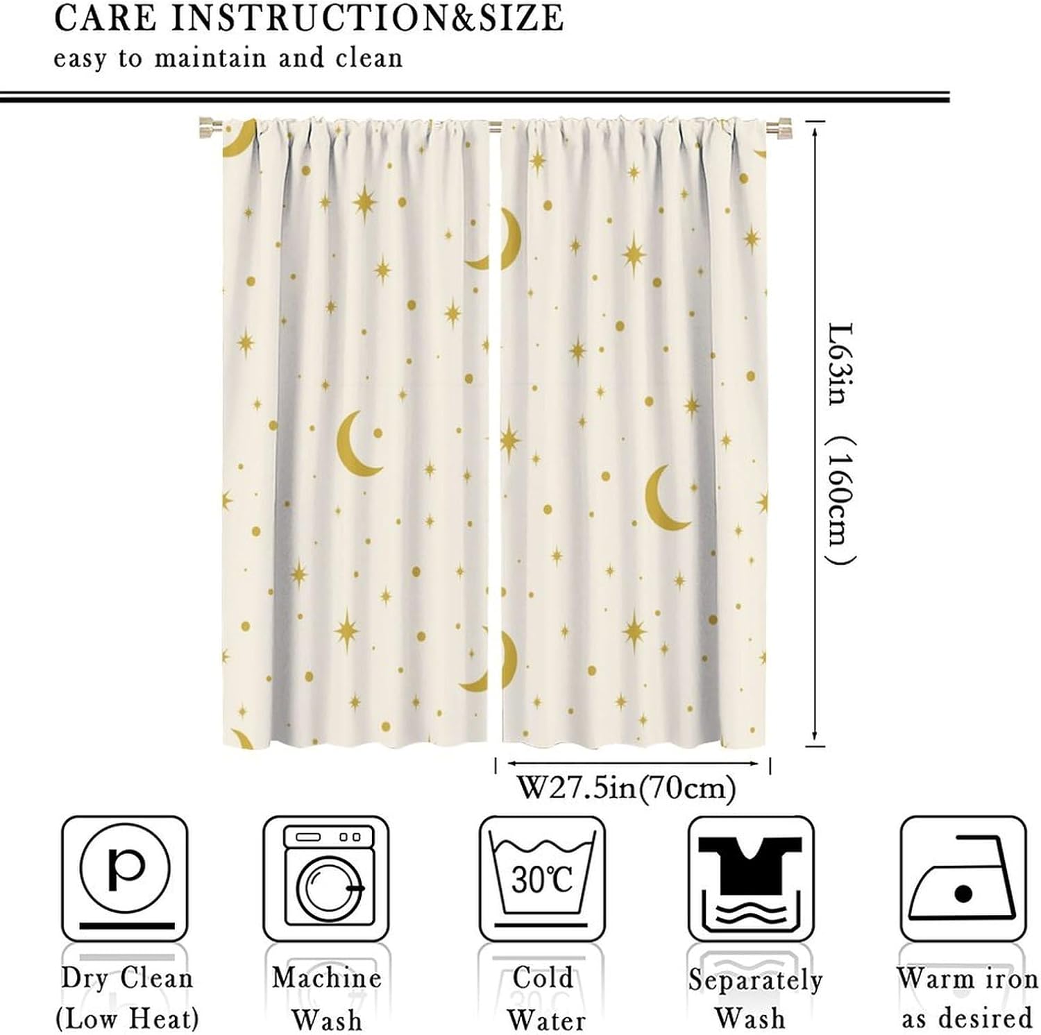 Star White Curtains - Cute Gold Star Moon Curtains Rod Pocket Foil Print Drapes for Kids Room Playroom Bedroom Living Room 55x63in
