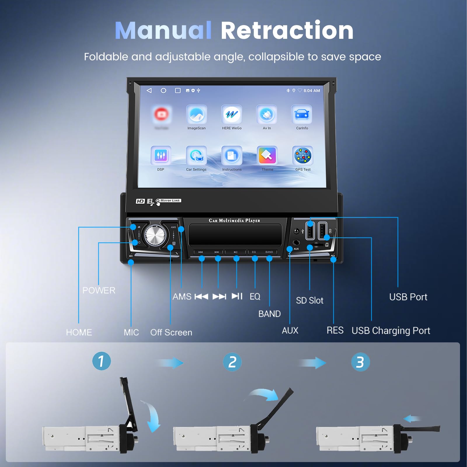 Hodozzy 2G + 64G Android singolo DIN Flip Out Car Stereo, 7 pollici Touchscreen Autoradio con CarPlay Android Auto, GPS 1 Din Car Audio con WIFI, Bluetooth, FM/RDS, DSP, Schermo diviso, 2 USB, SWC