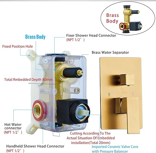 Vista 16 de SaniteModar Sistema de cabezal de ducha negro de 8 pulgadas, cabezal de ducha cuadrado con ducha de mano Vaval y kit de molduras, juego de grifo